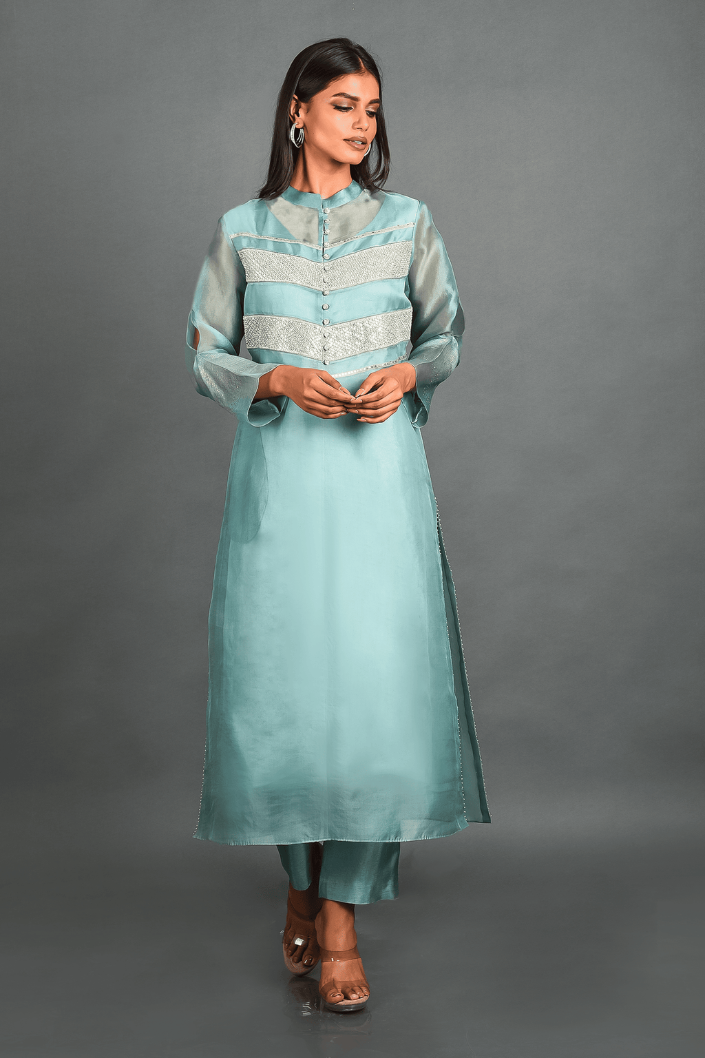 Blue Organza Kurta With Pant and Dupatta