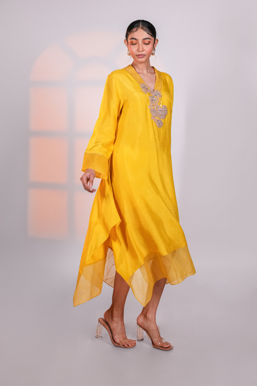 Yellow Asymmetric Silk Kurta