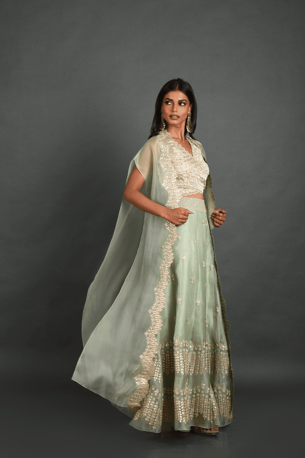 Green Organza Top with Sharara and Cape