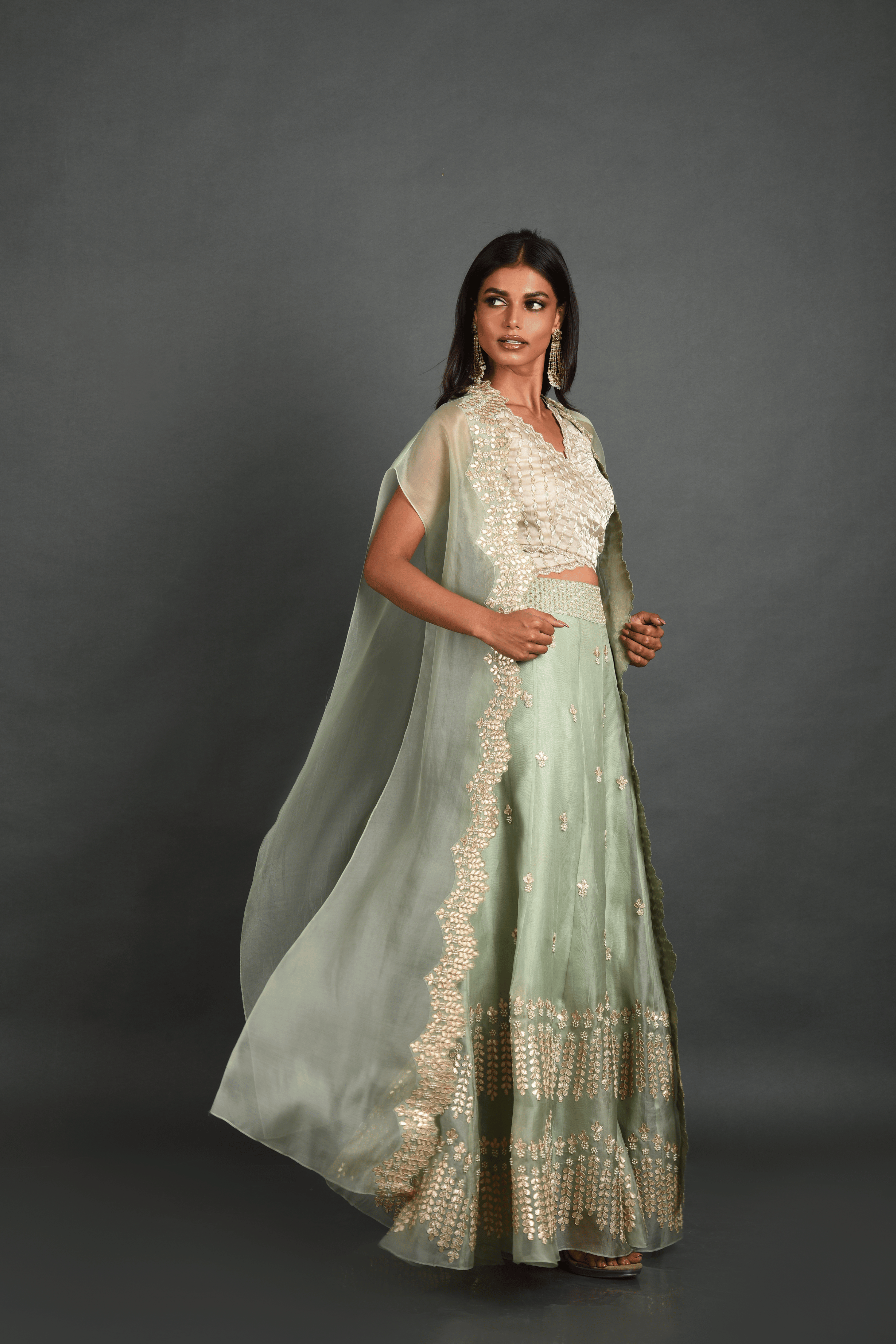 Green Organza Top with Sharara and Cape