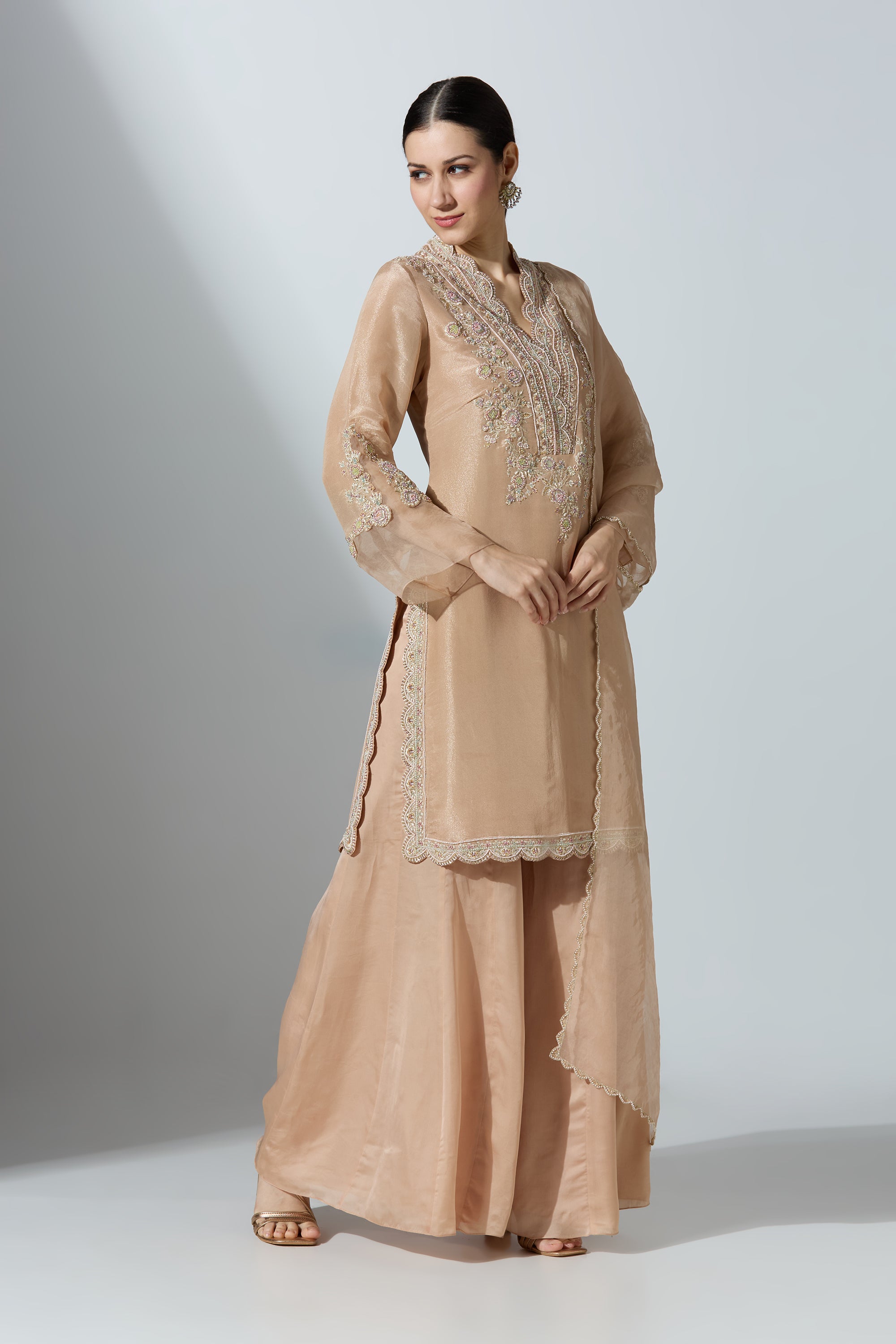 Peach Tissue Kurta Set With Pant