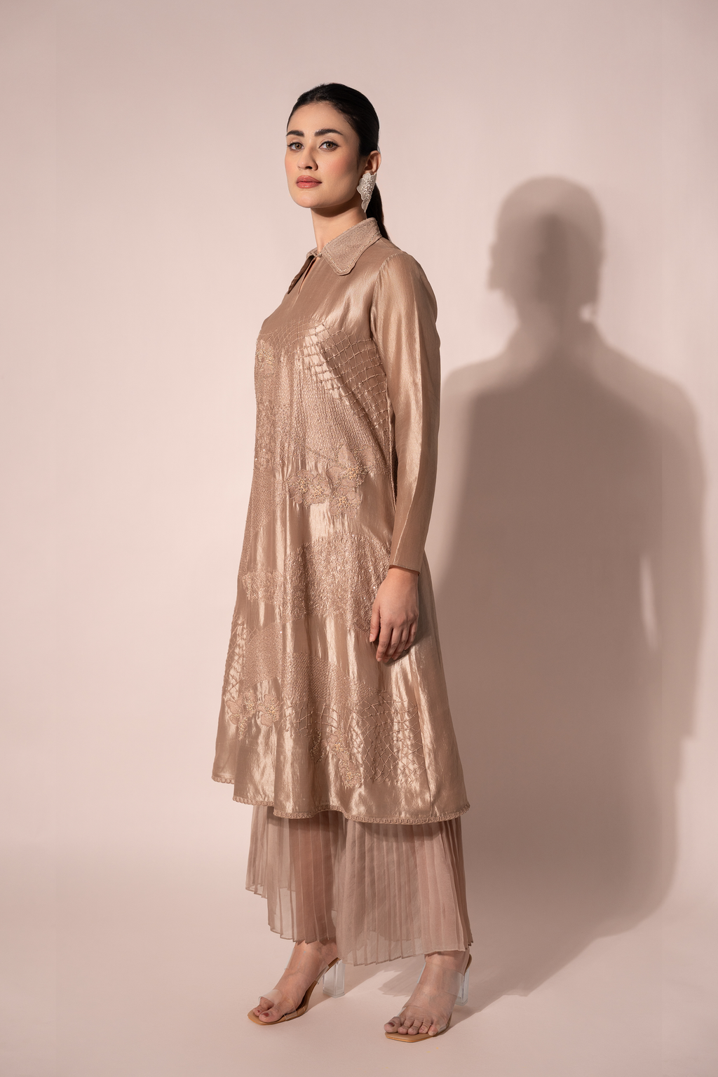 Beige WaveBorne Silk Collar Kurta With Pant
