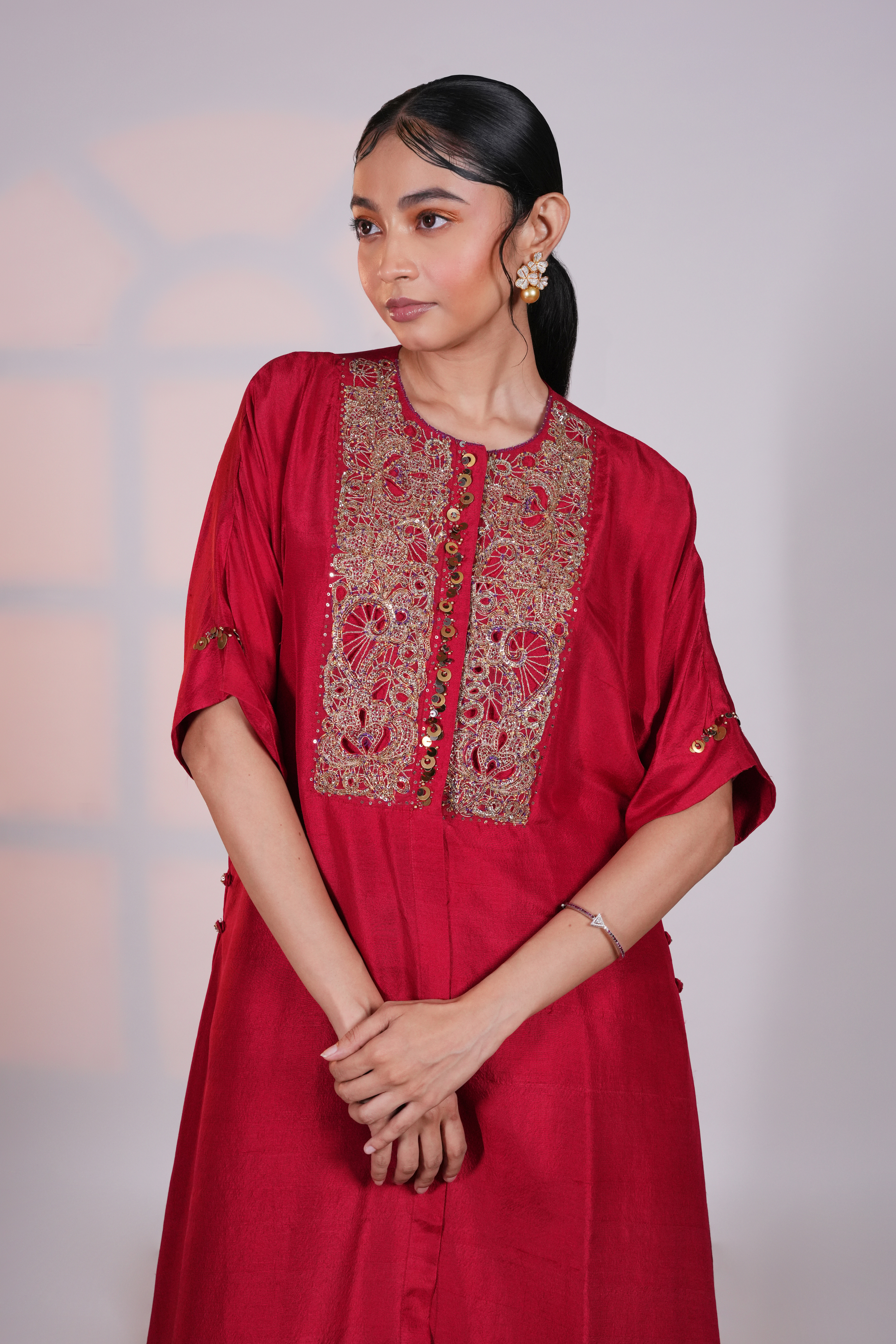 Red Reglan Silk Kurta