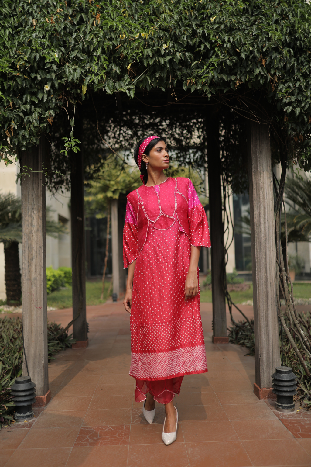 Pink Bandhej Kurta With Pant and Koti