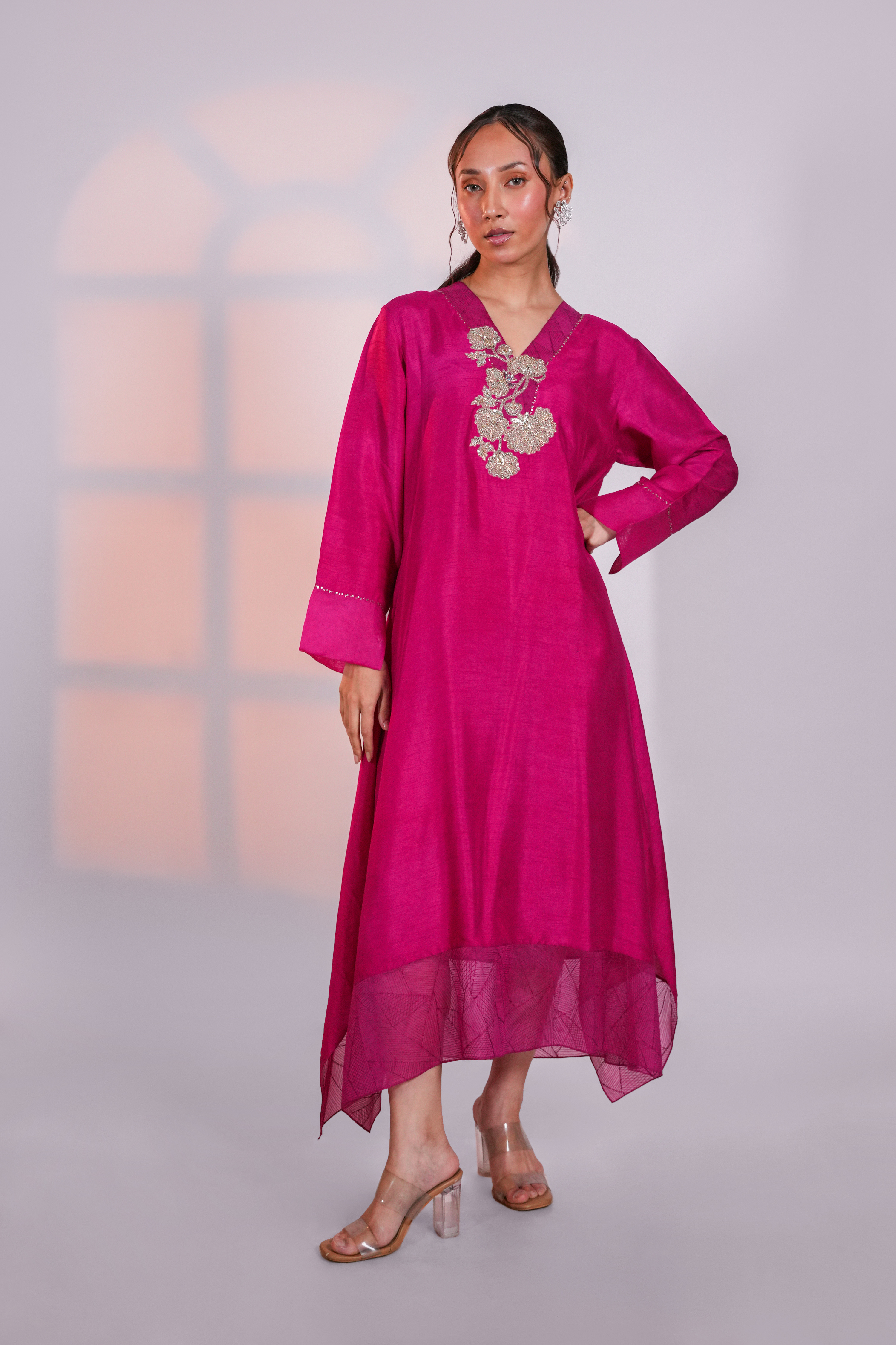 Pink Asymmetric Silk Kurta