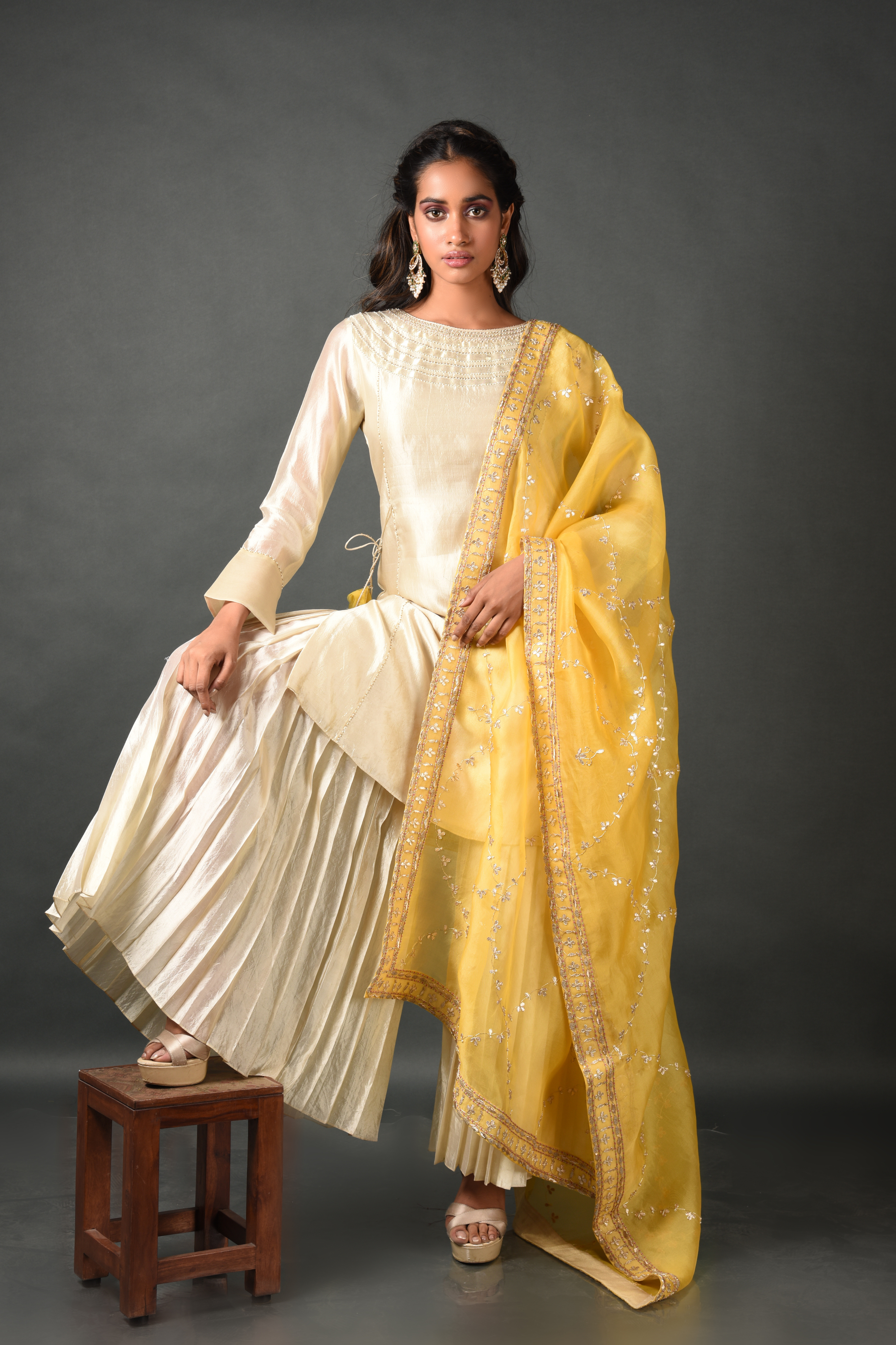 Beige Silk Kurta With Pant and Dupatta