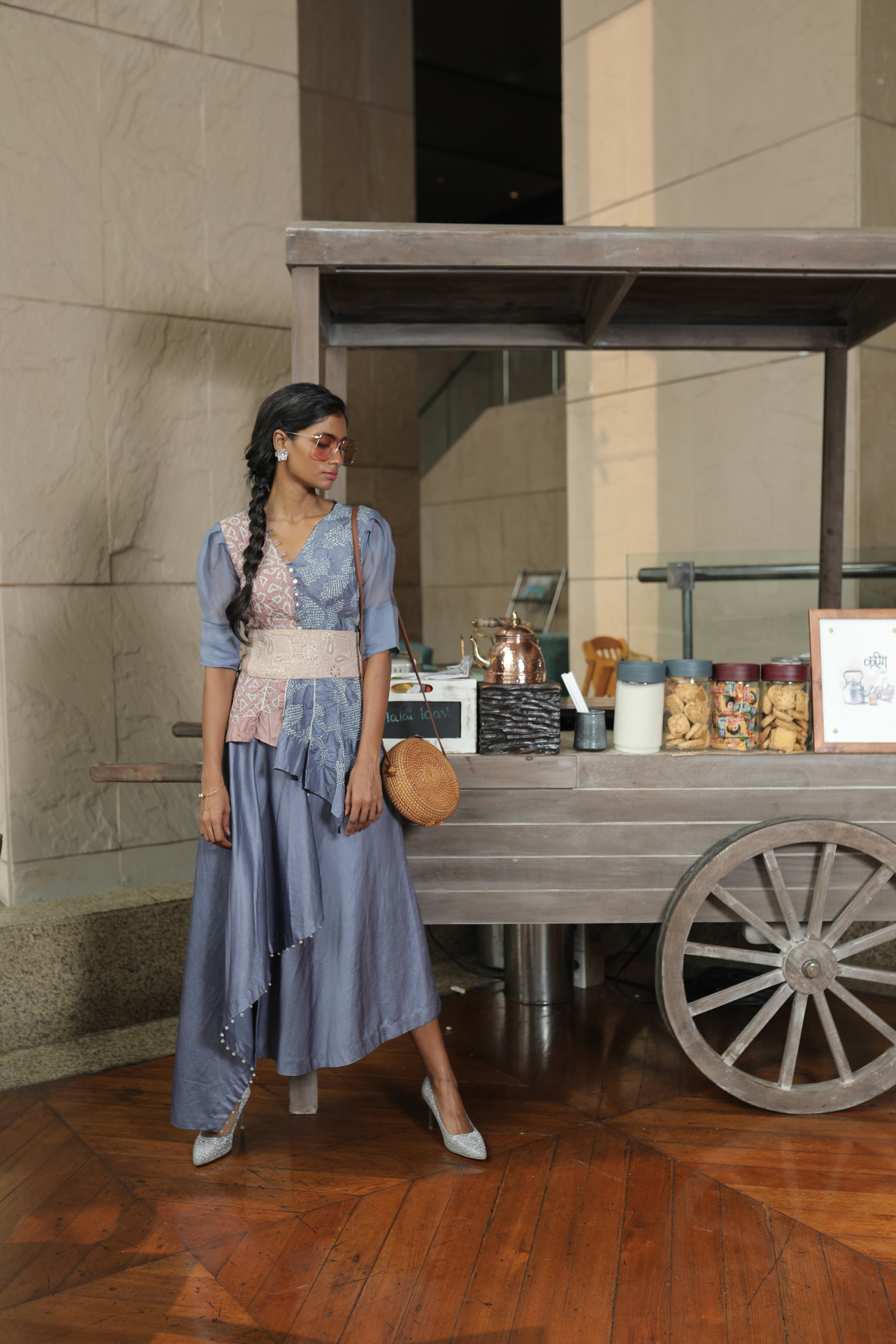 Blue Bandhej Top With Skirt and Belt