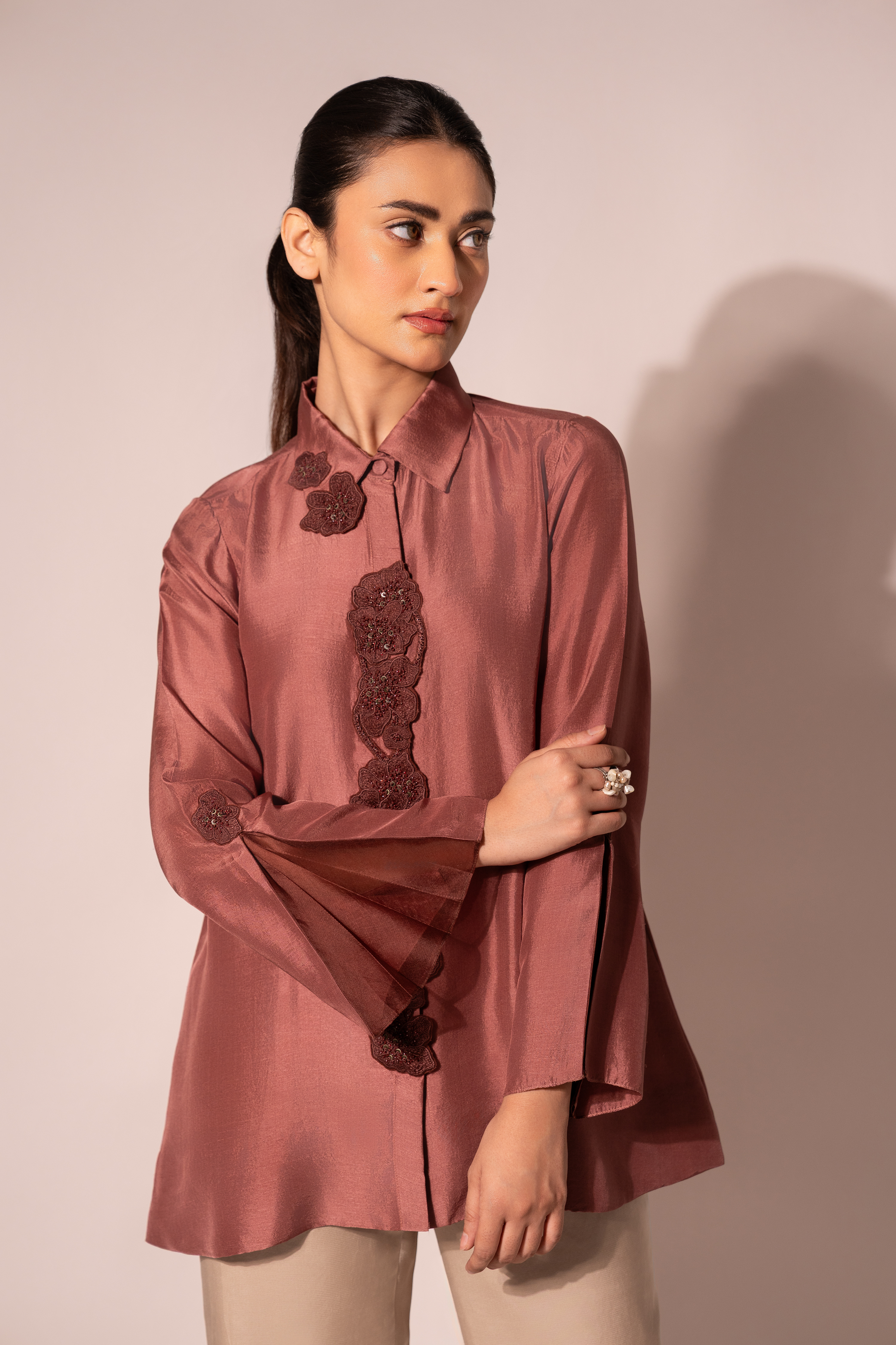 Jewel Front Placket Silk Shirt
