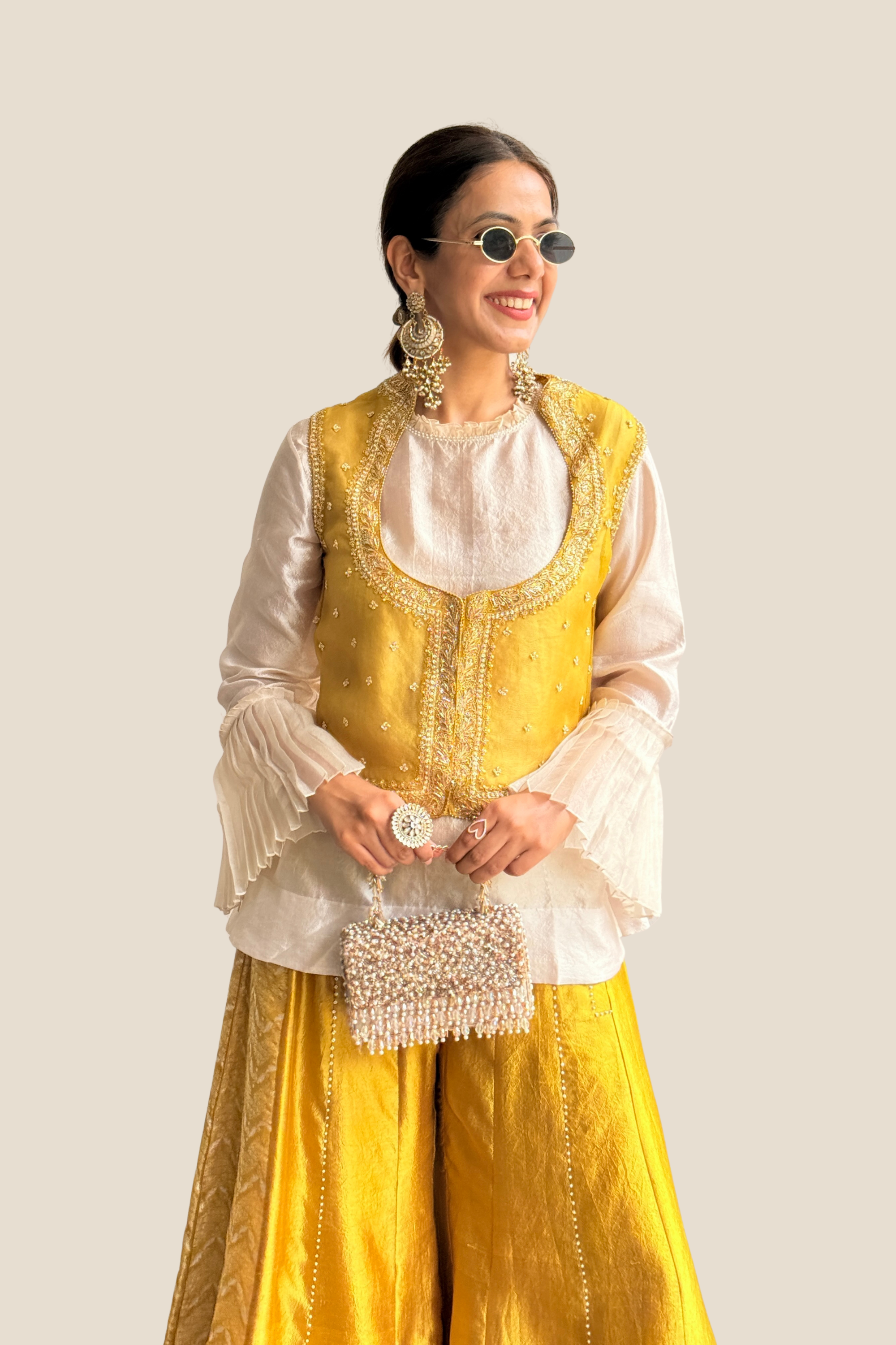 Yellow Brocade Pant with Koti and Shirt