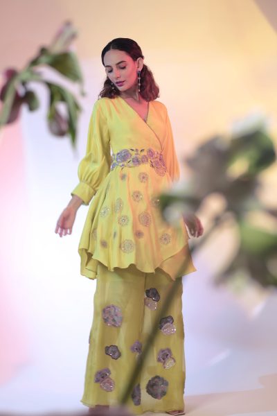 Yellow Silk Top With Pant and Belt