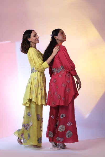 Yellow Silk Top With Pant and Belt