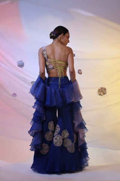 Blue Organza Pant With Bustier and Dupatta