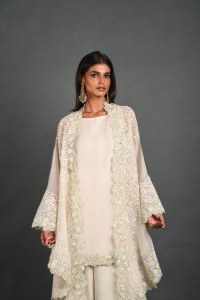 White Organza Kurta With Cape and Pant
