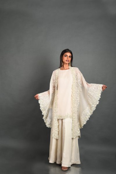 White Organza Kurta With Cape and Pant