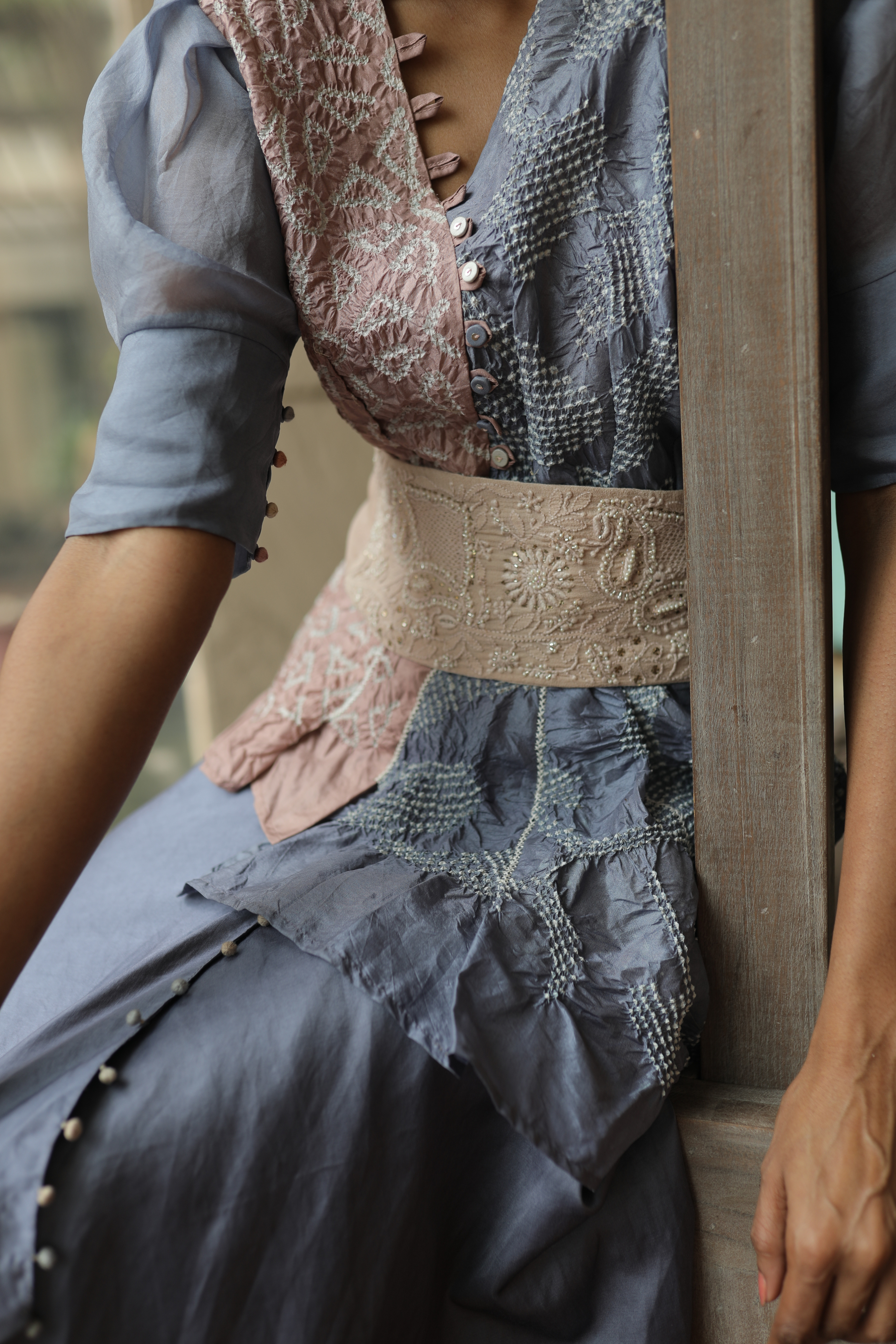 Blue Bandhej Top With Skirt and Belt