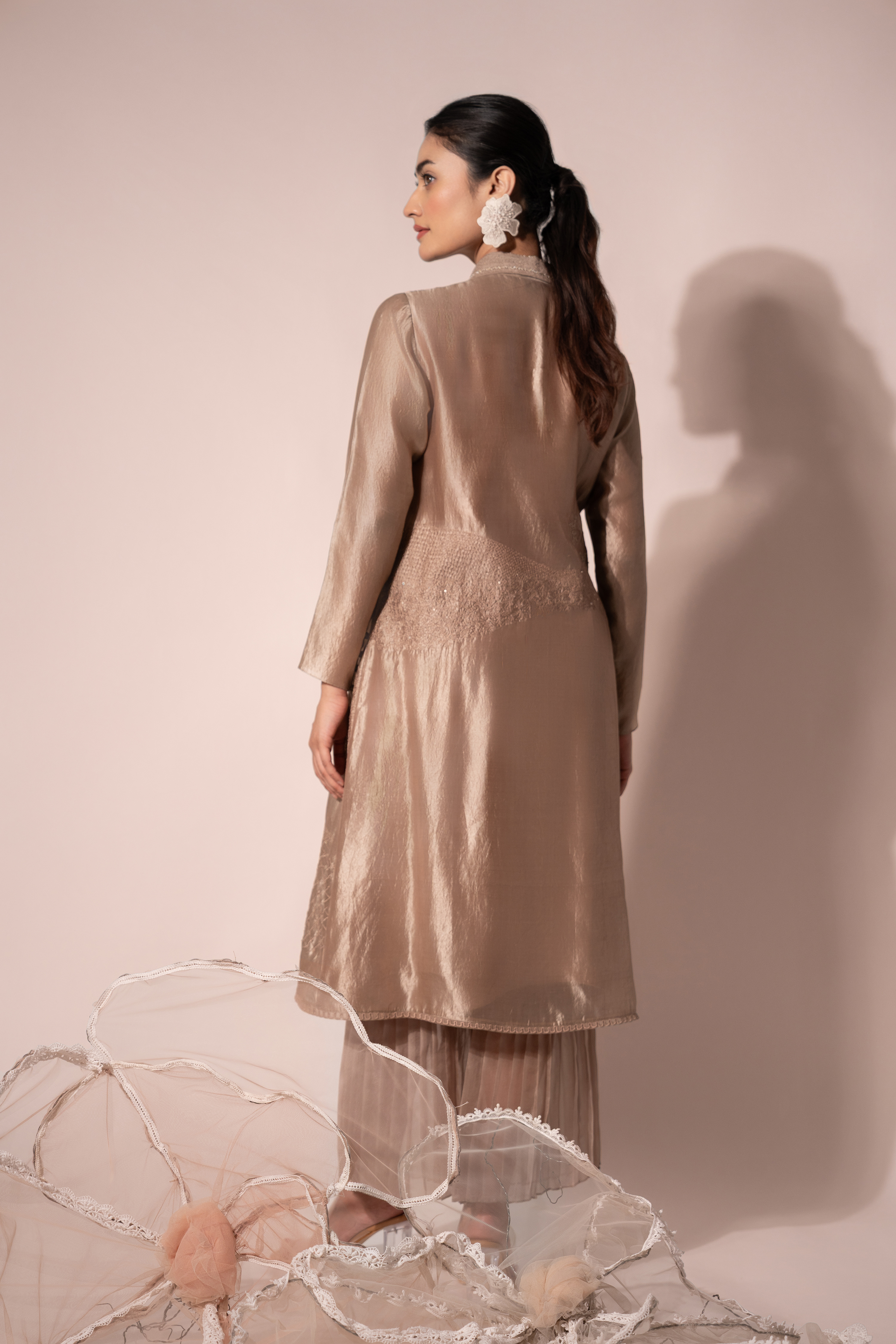 Beige WaveBorne Silk Collar Kurta Set