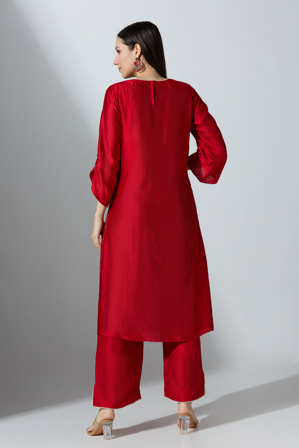 Red Bandhej Yoke Kurta Set With Pant