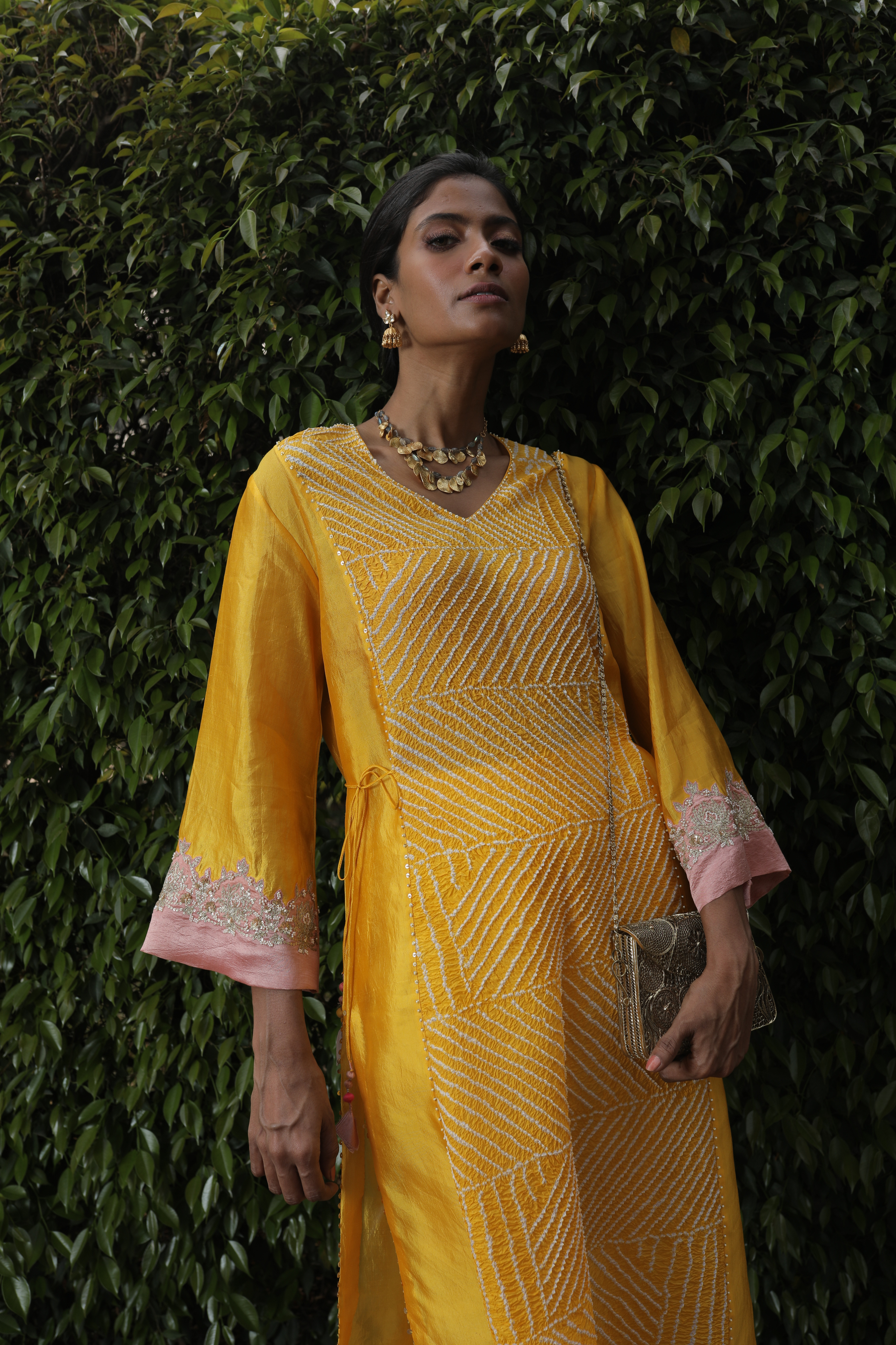 Yellow Bandhej Kurta With Pant