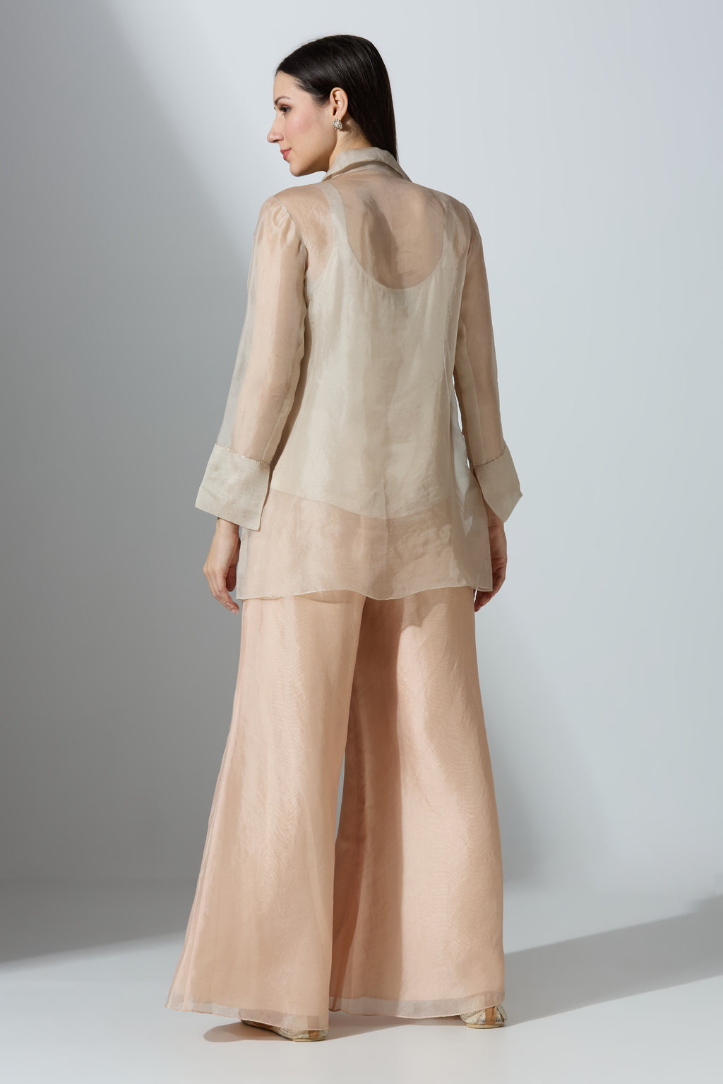 Nude Long Short Organza Shirt With Pant and Slip