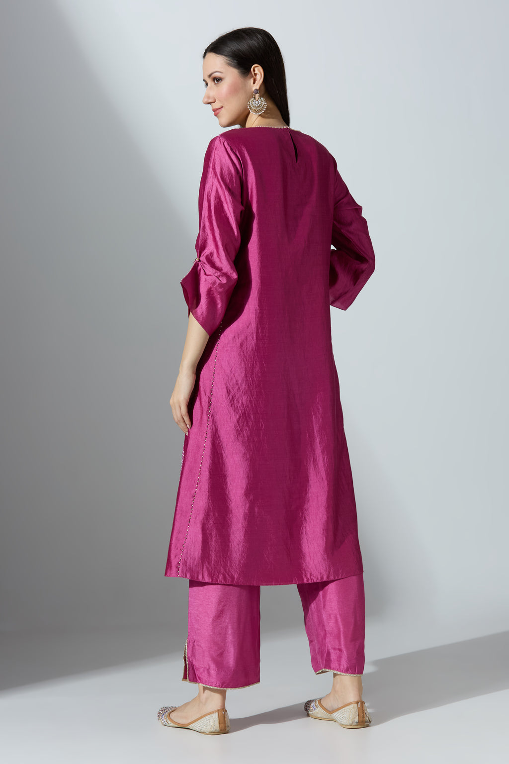 Pink Bandhej Yoke Kurta Set With Pant and Dupatta