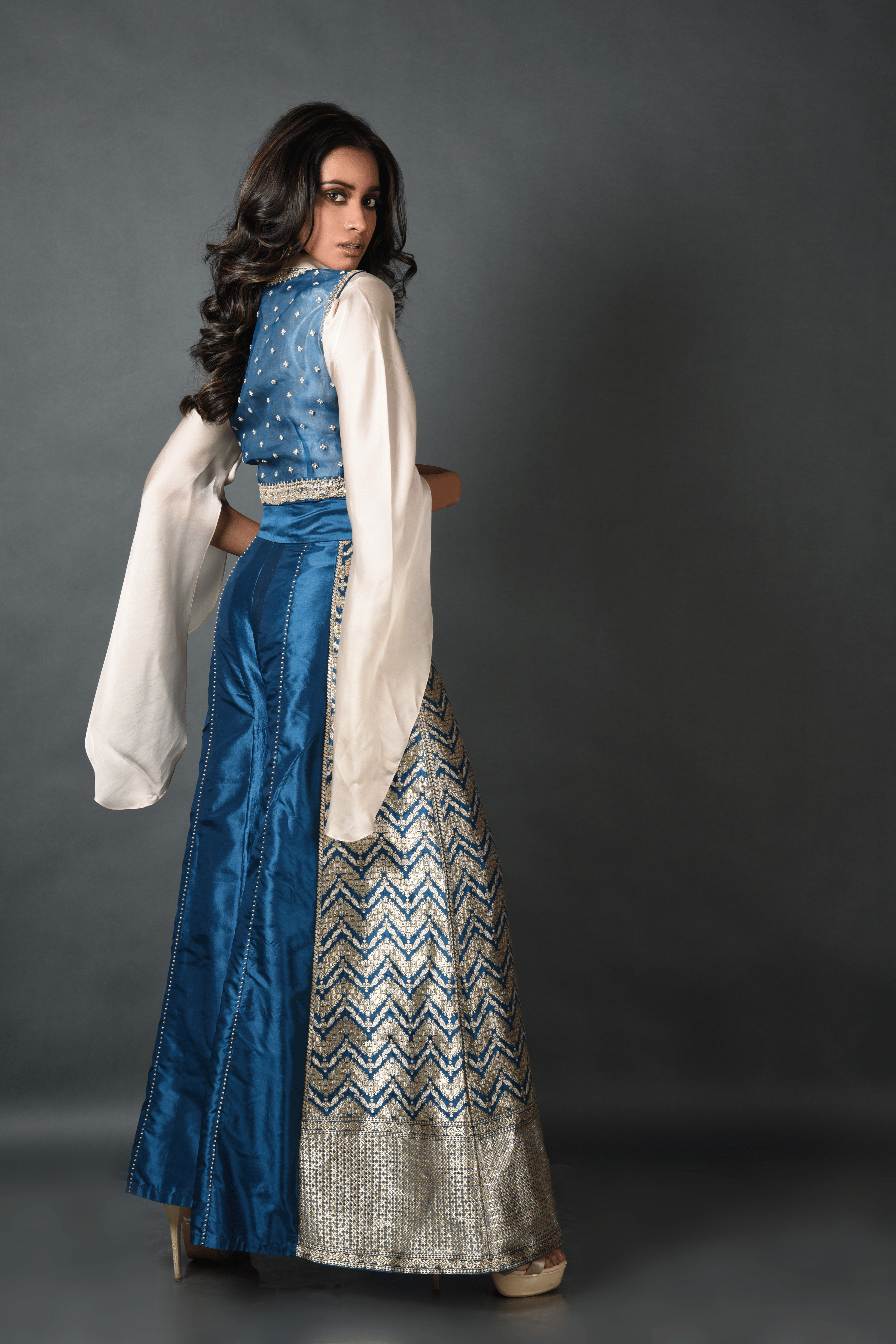 Blue Brocade Pant With Koti and Shirt