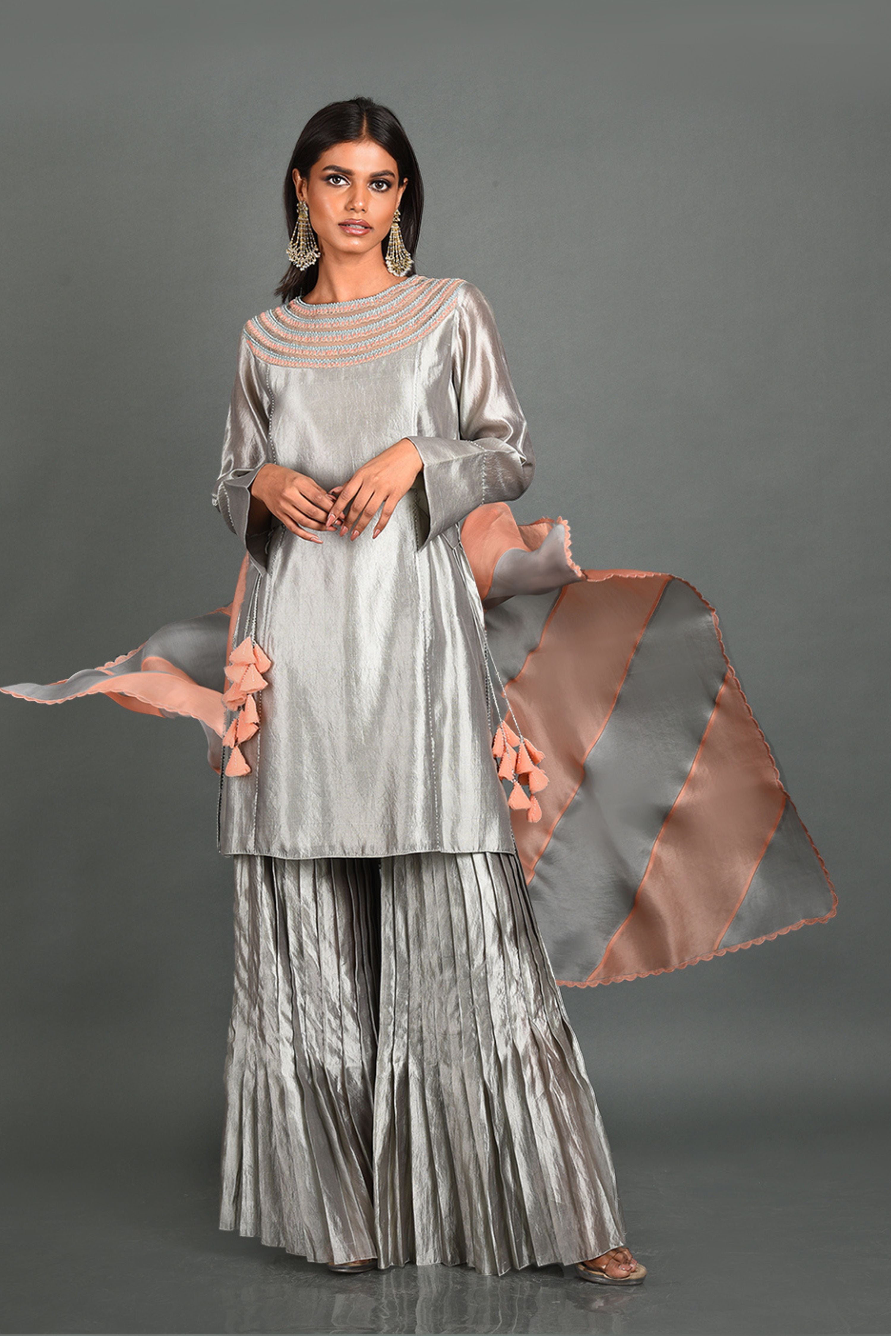 Grey Silk Kurta With Pant and Dupatta