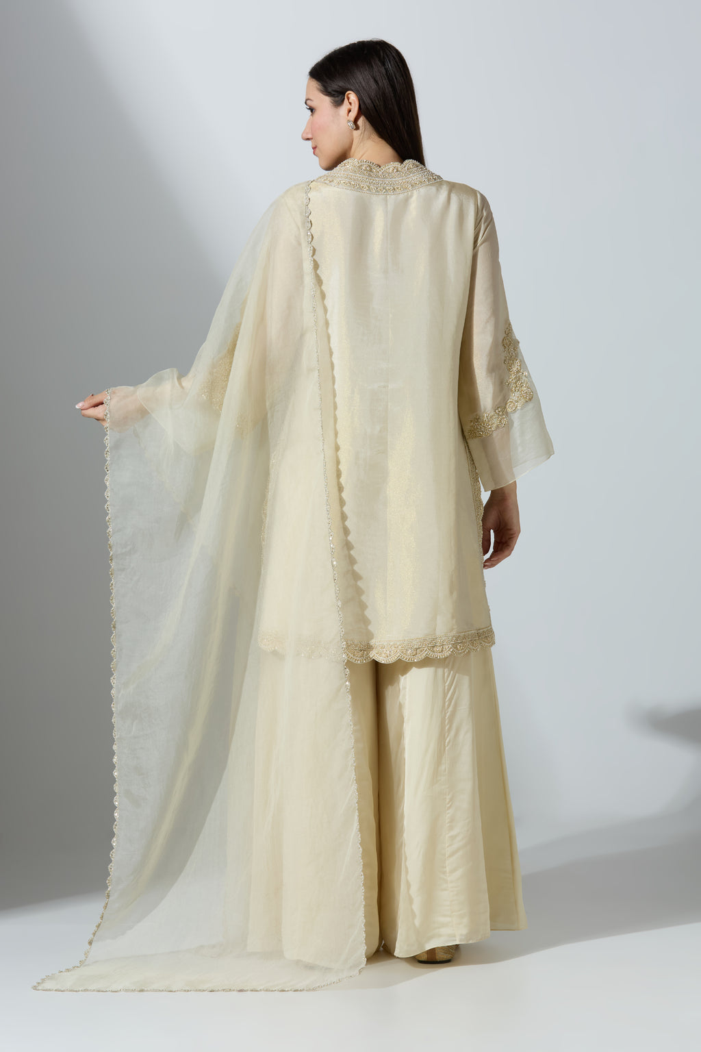 Beige Tissue Kurta Set With Pant and Dupatta