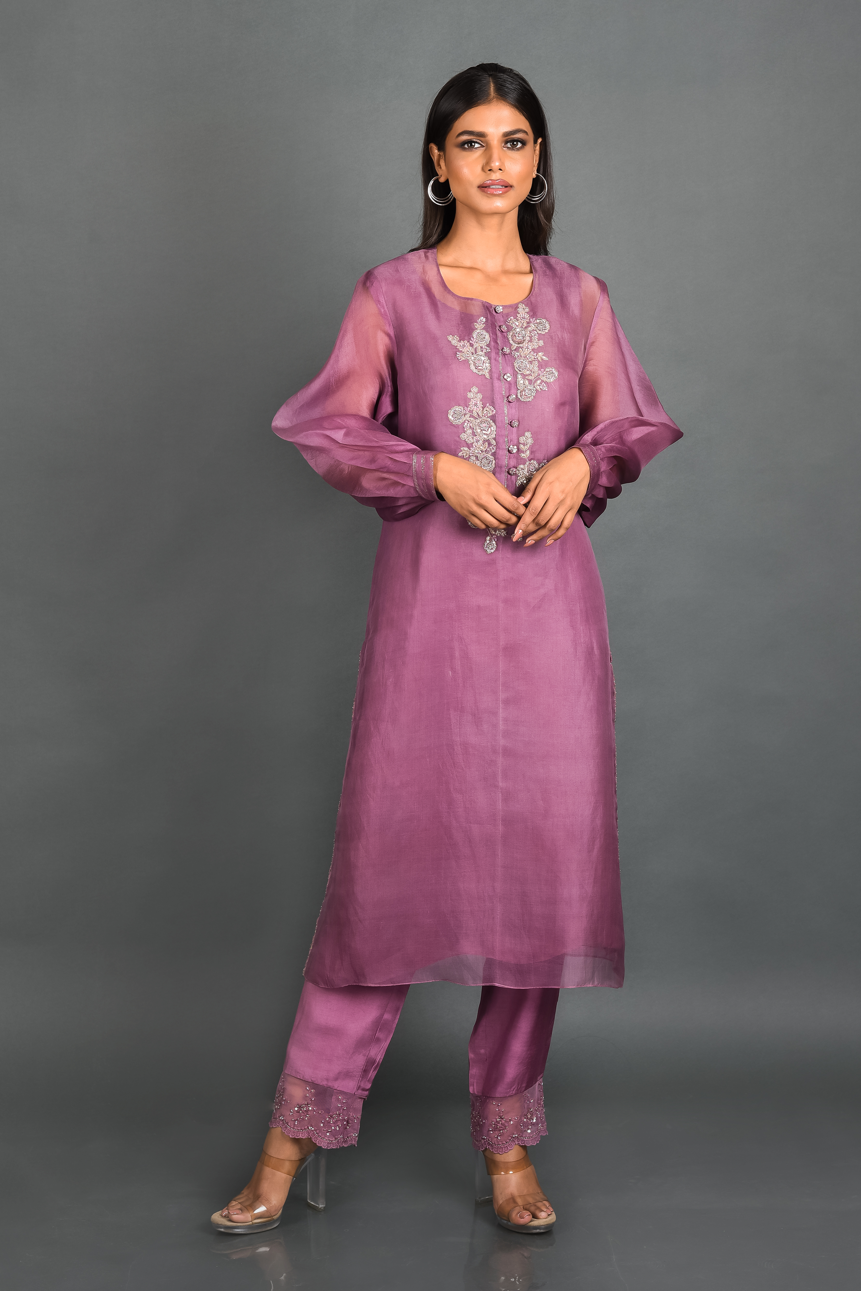 Purple Organza Kurta With Pant and Dupatta