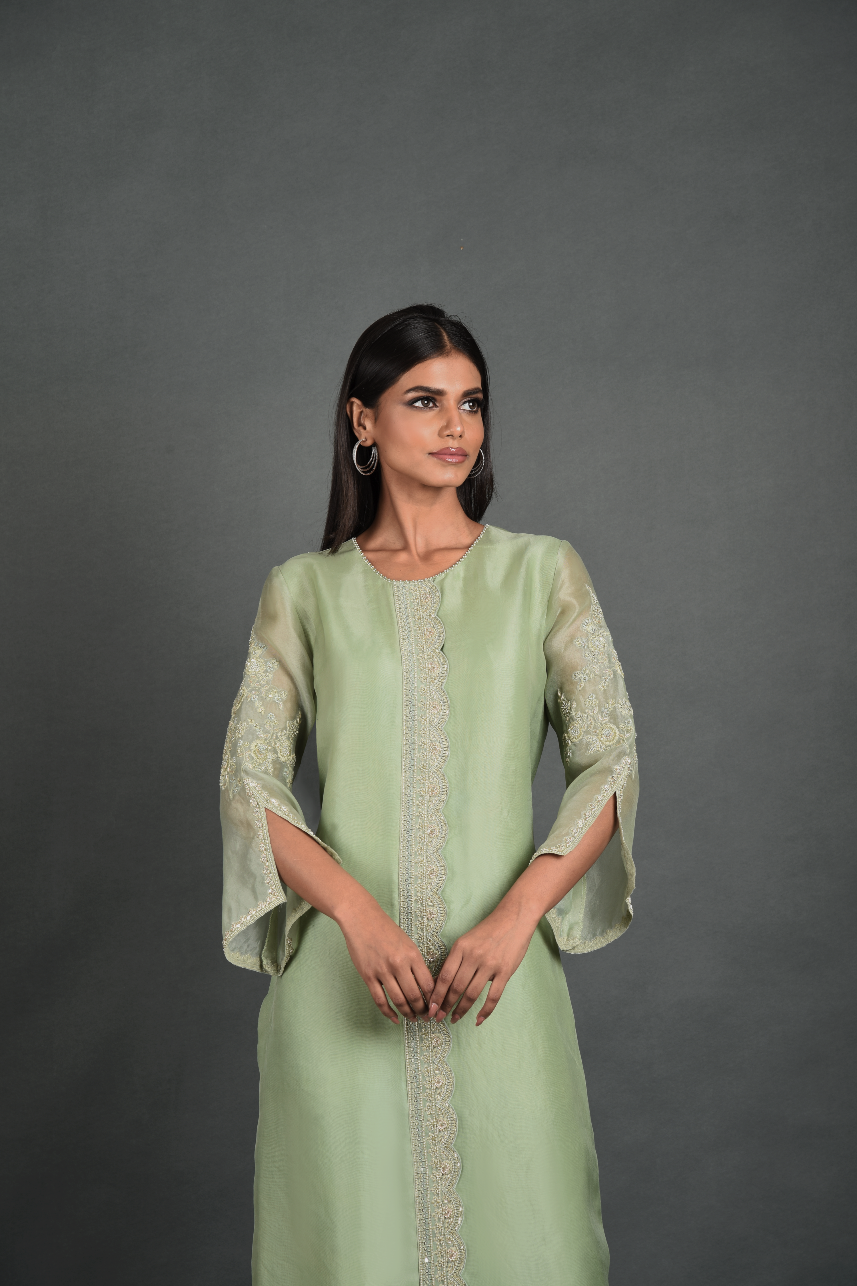 Green Organza Kurta With Pant and Dupatta