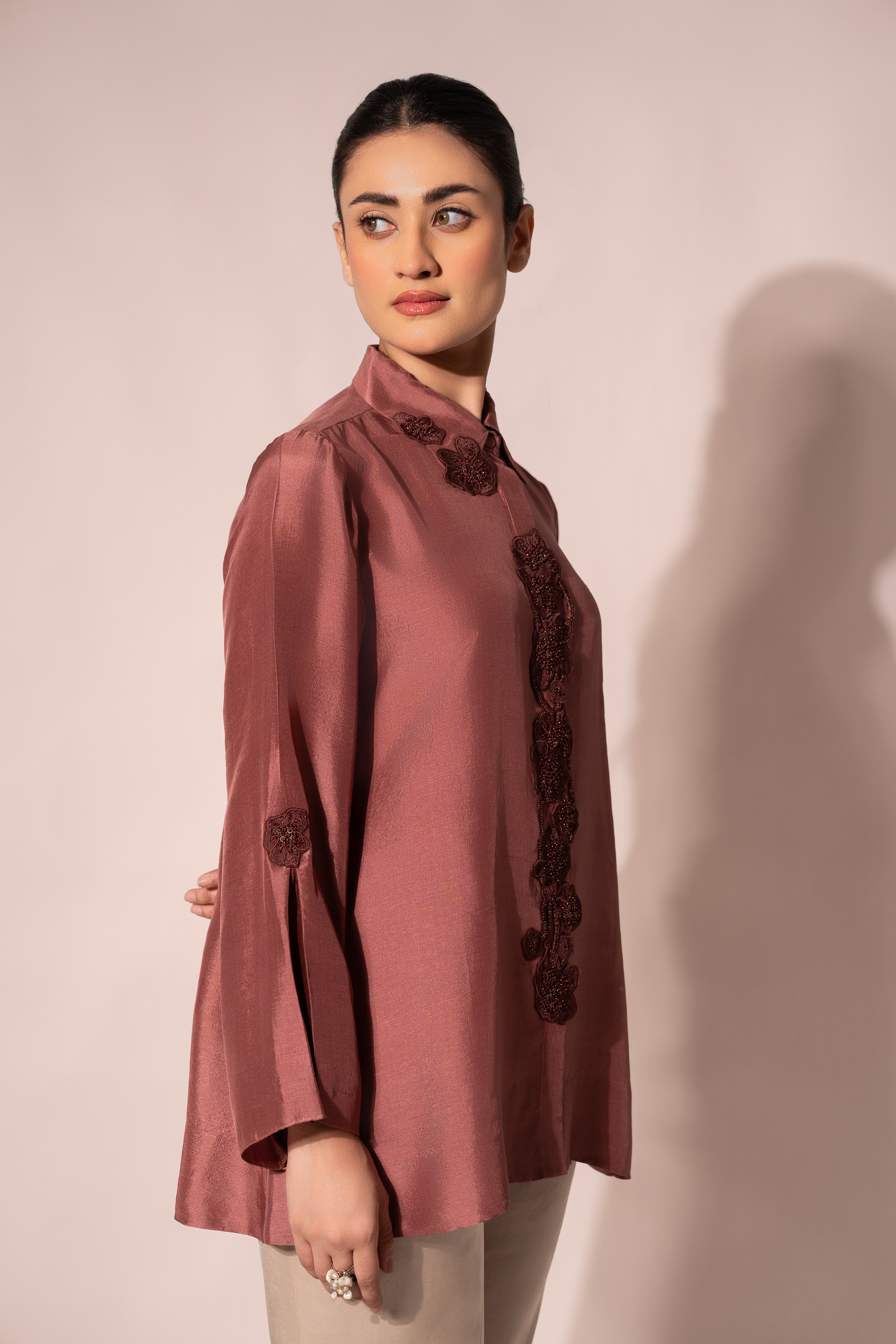 Jewel Front Placket Silk Shirt