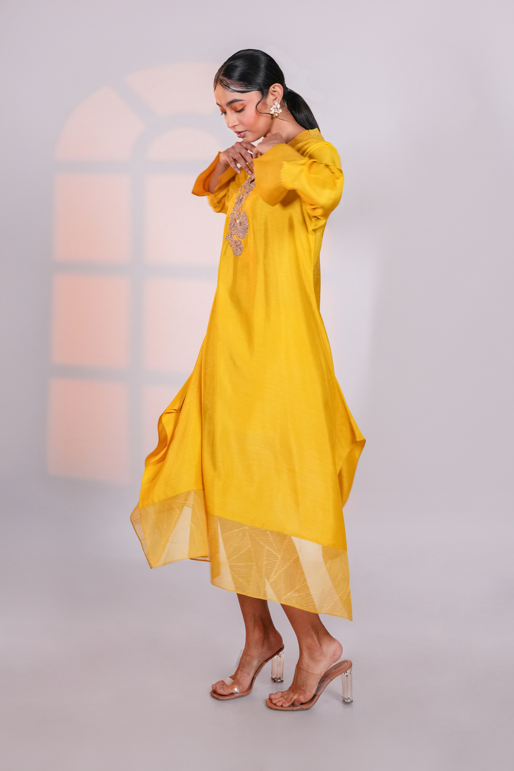 Yellow Asymmetric Silk Kurta