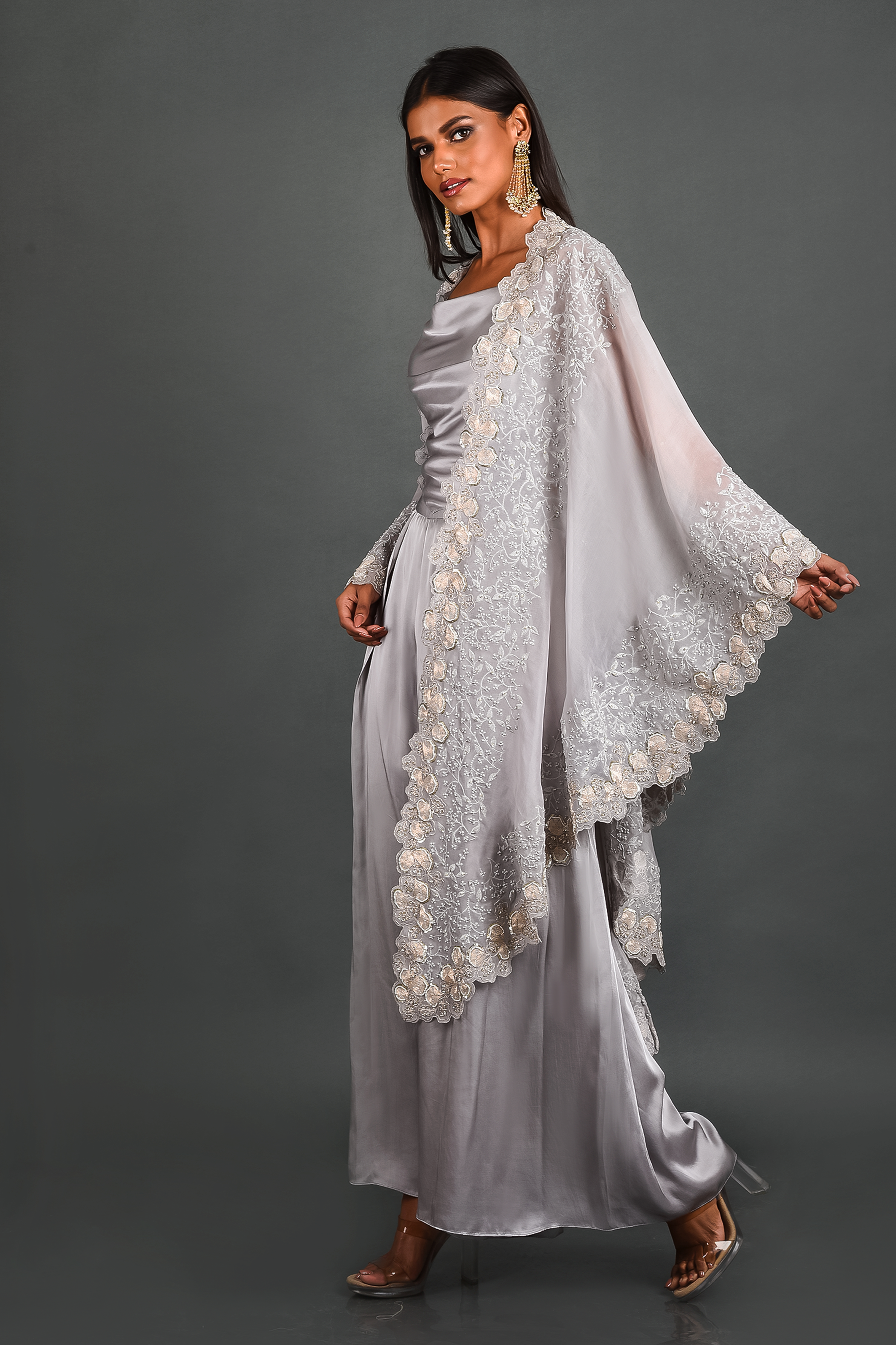 Grey Dancing Daisies Cape With Bustier & Pant