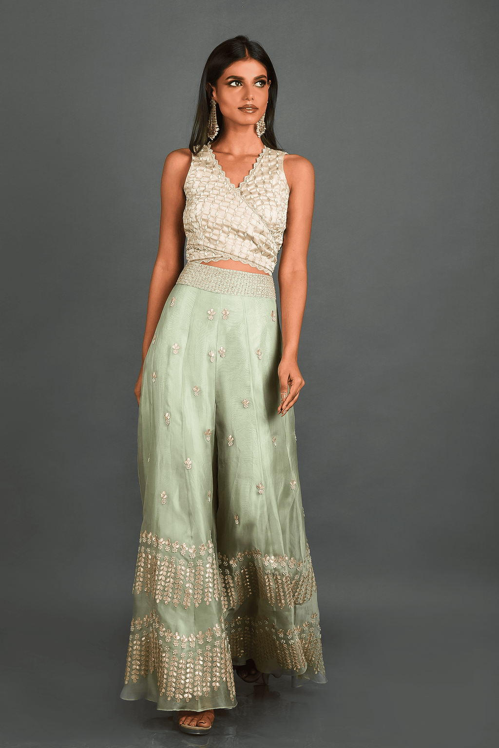 Green Organza Top with Sharara and Cape