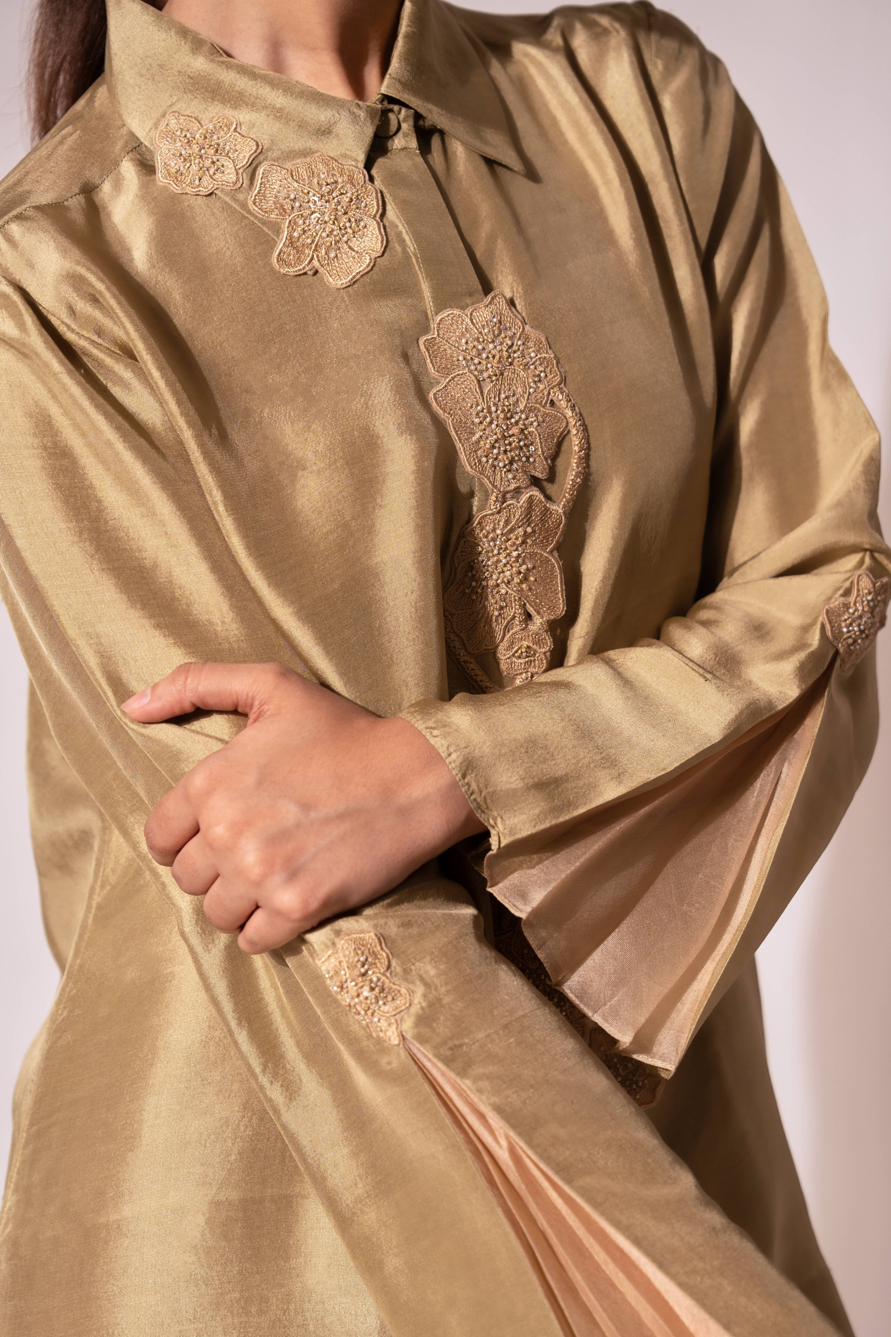 Green Front Placket Silk Shirt