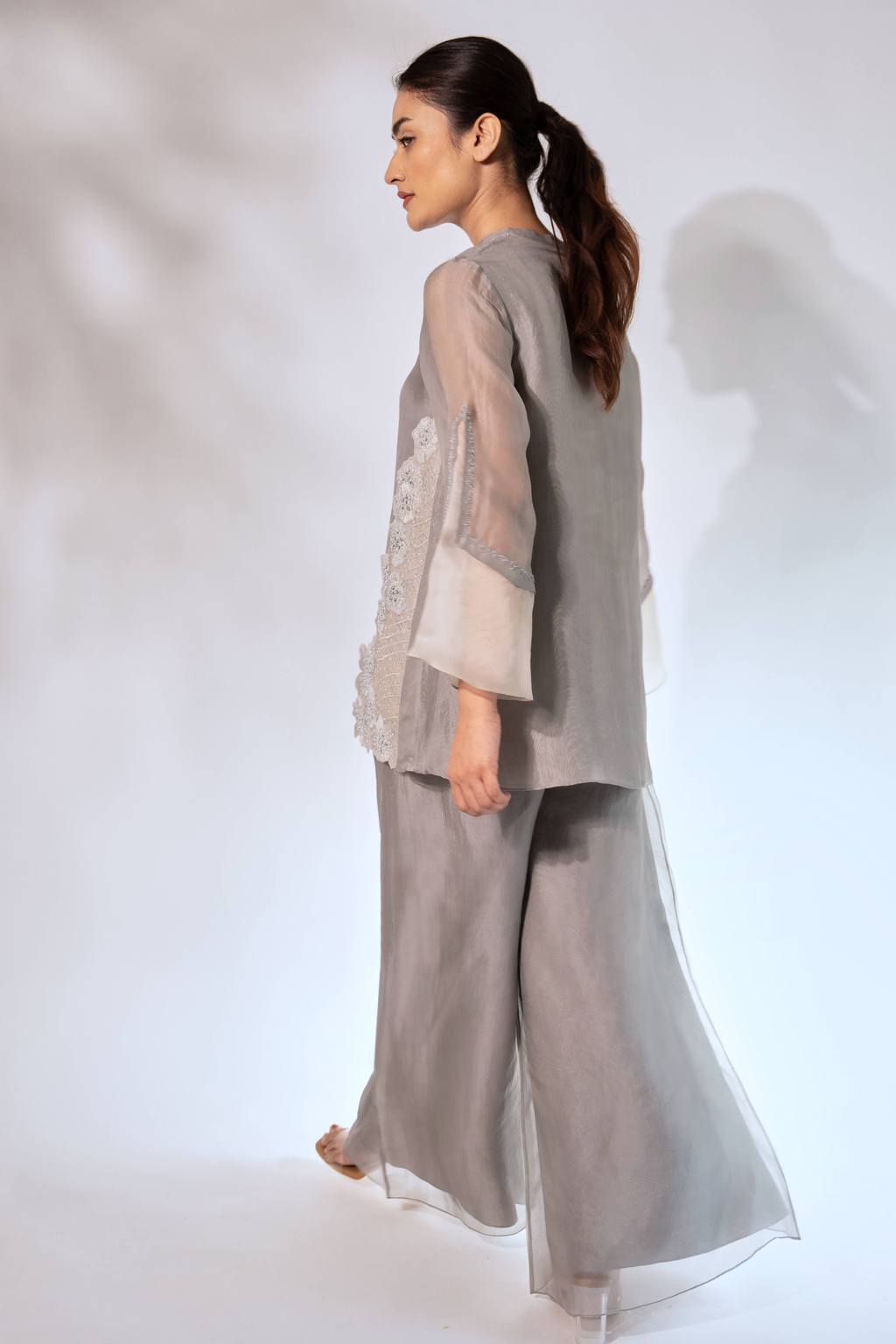 Grey Front Overlap Organza Top With Pant and Slip