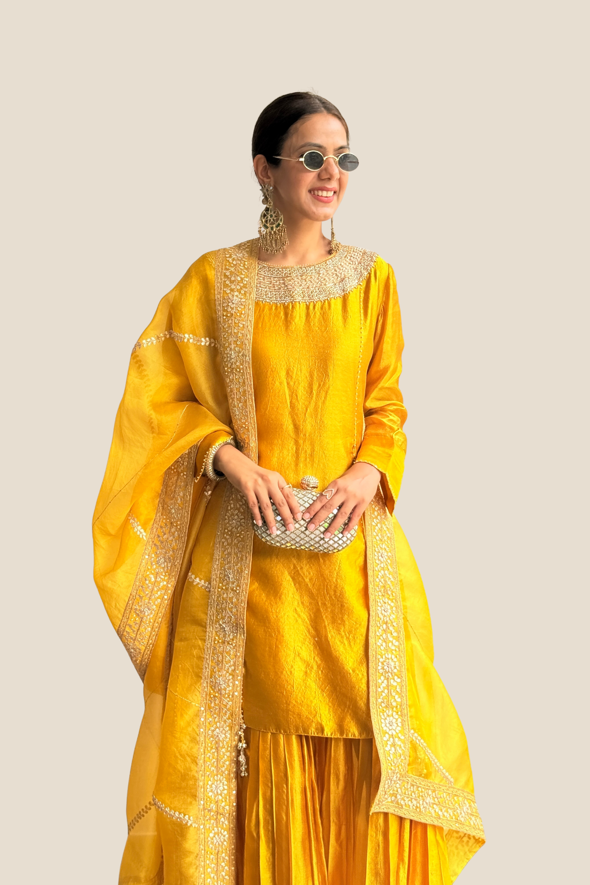 Yellow Brocade Panel Pant