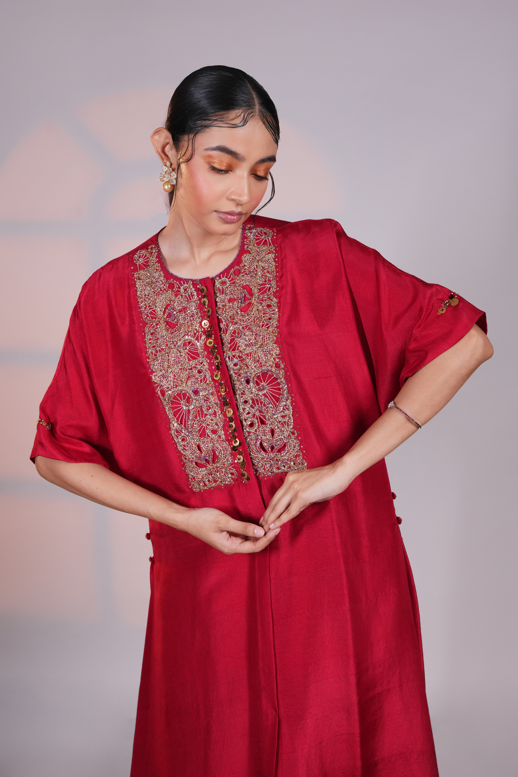 Red Reglan Silk Kurta
