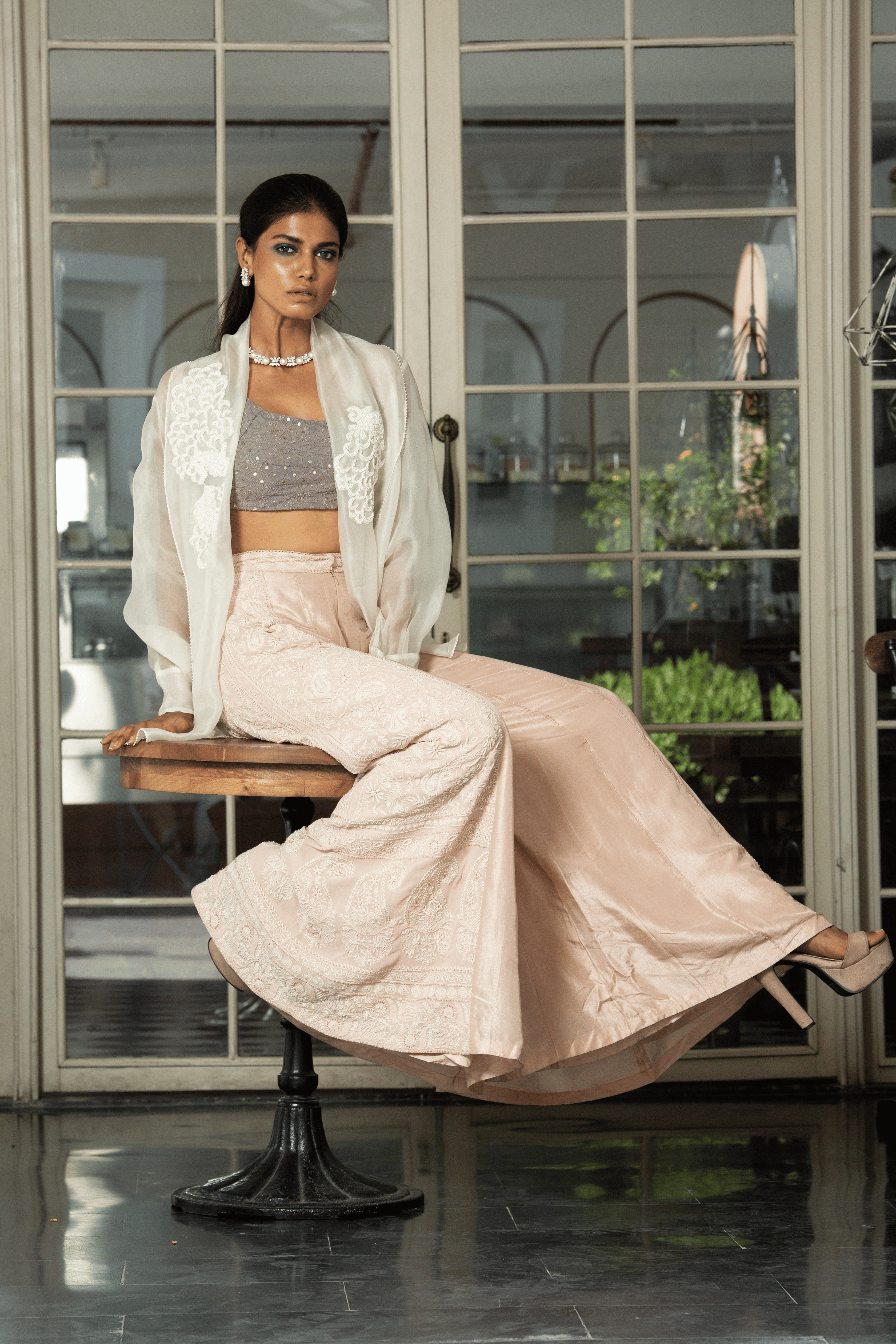 White Chikan Pant With Bustier and Jacket