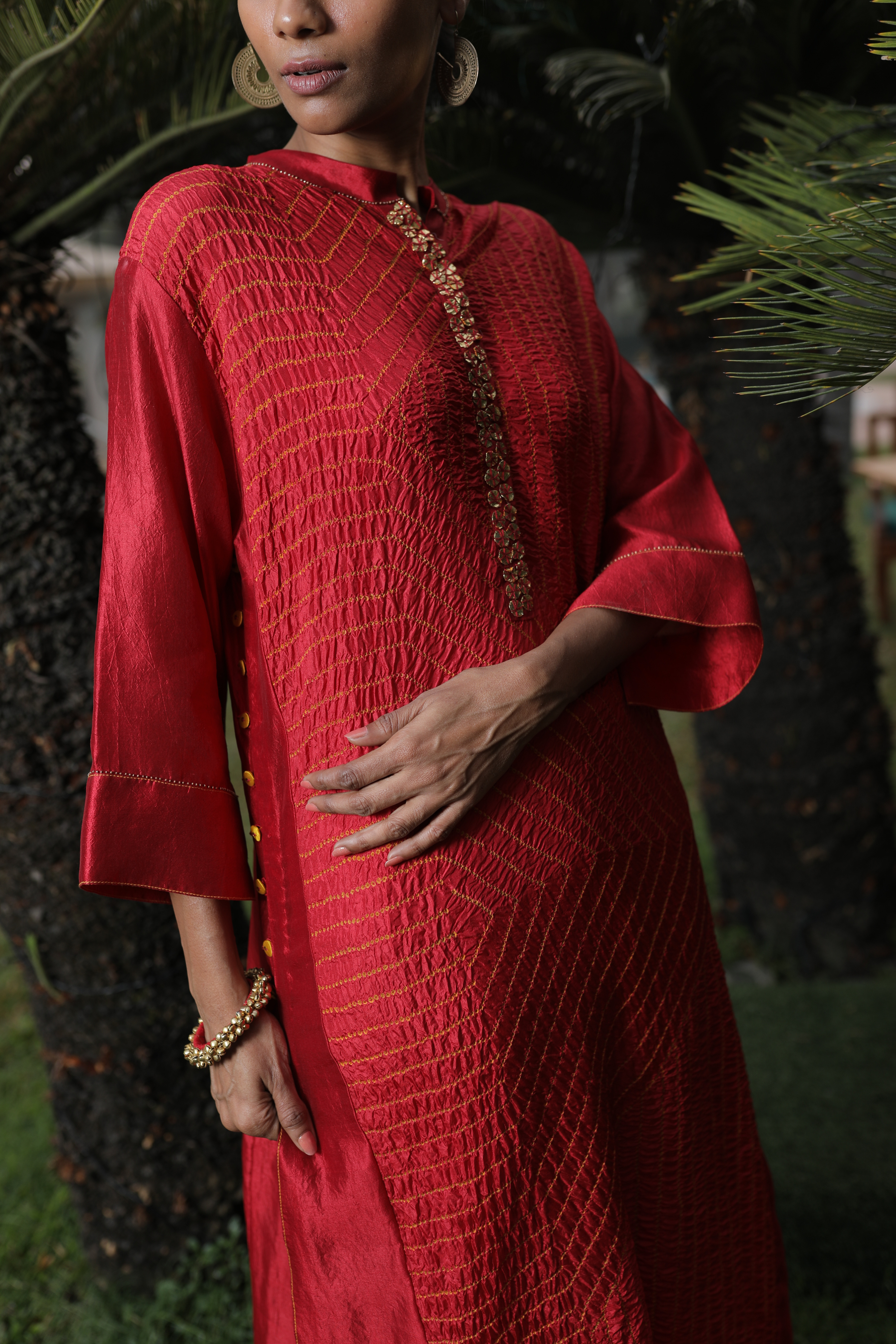 Red Bandhej Kurta With Pant