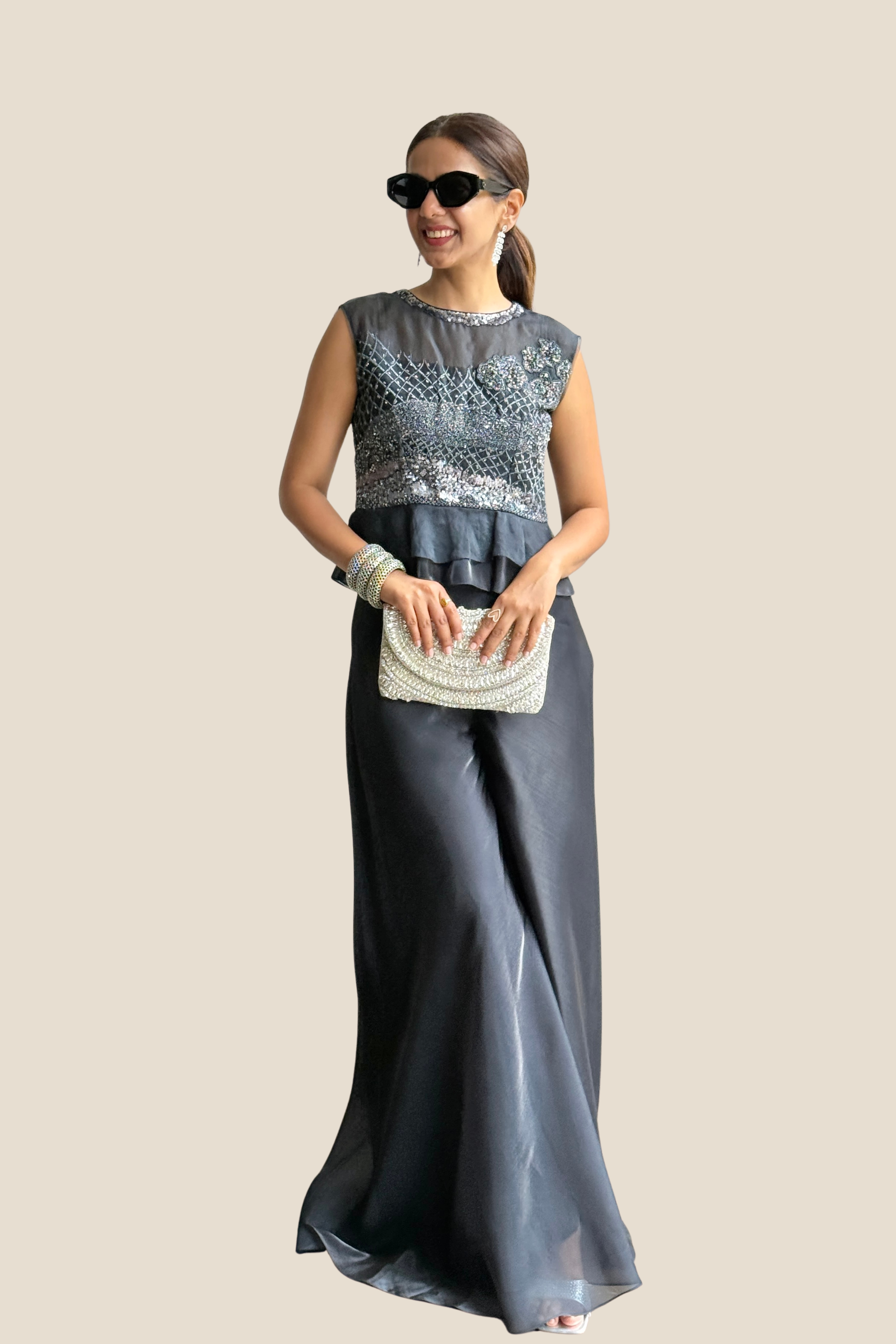 Blue Crop Peplum Organza Top with Pant