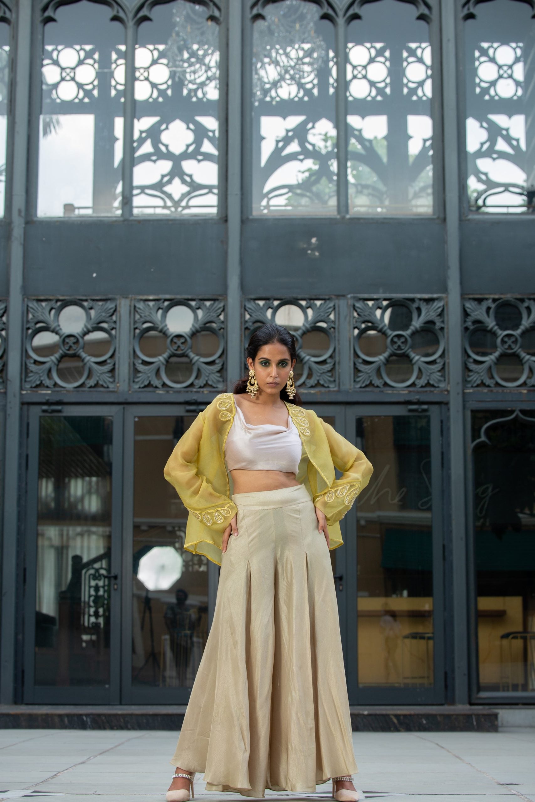 Beige Satin Organza Pant With Jacket and Bustier