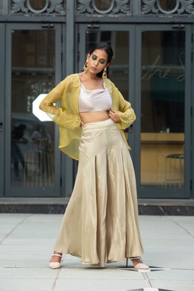 Beige Satin Organza Pant With Jacket and Bustier