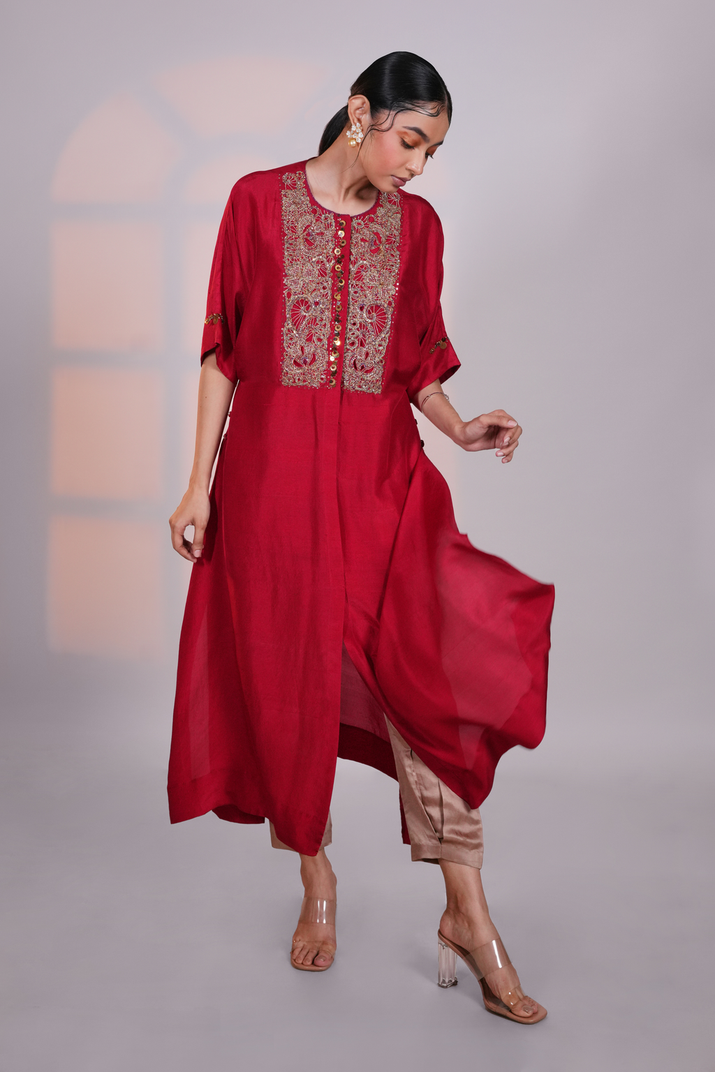 Red Reglan Silk Kurta