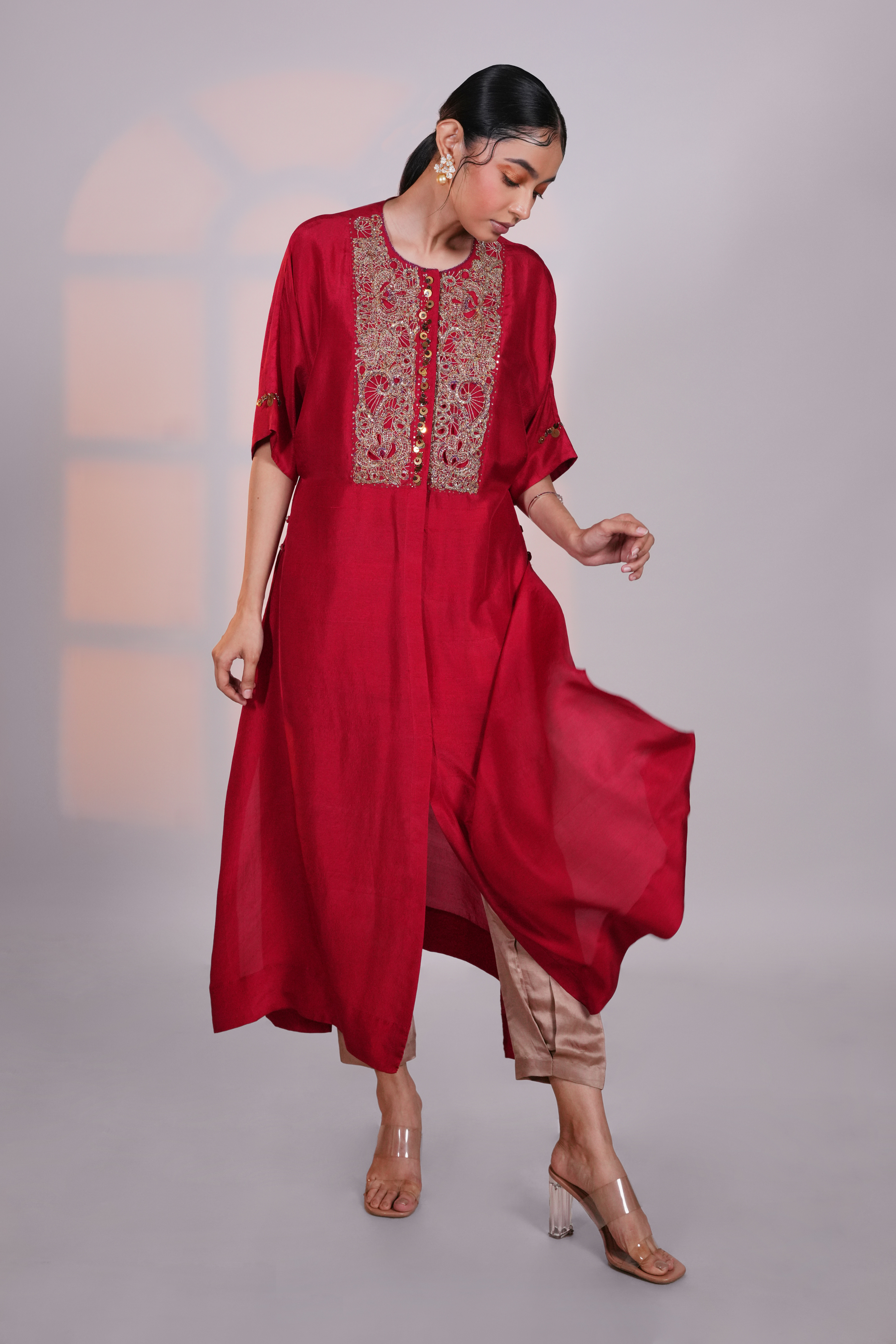 Red Reglan Silk Kurta