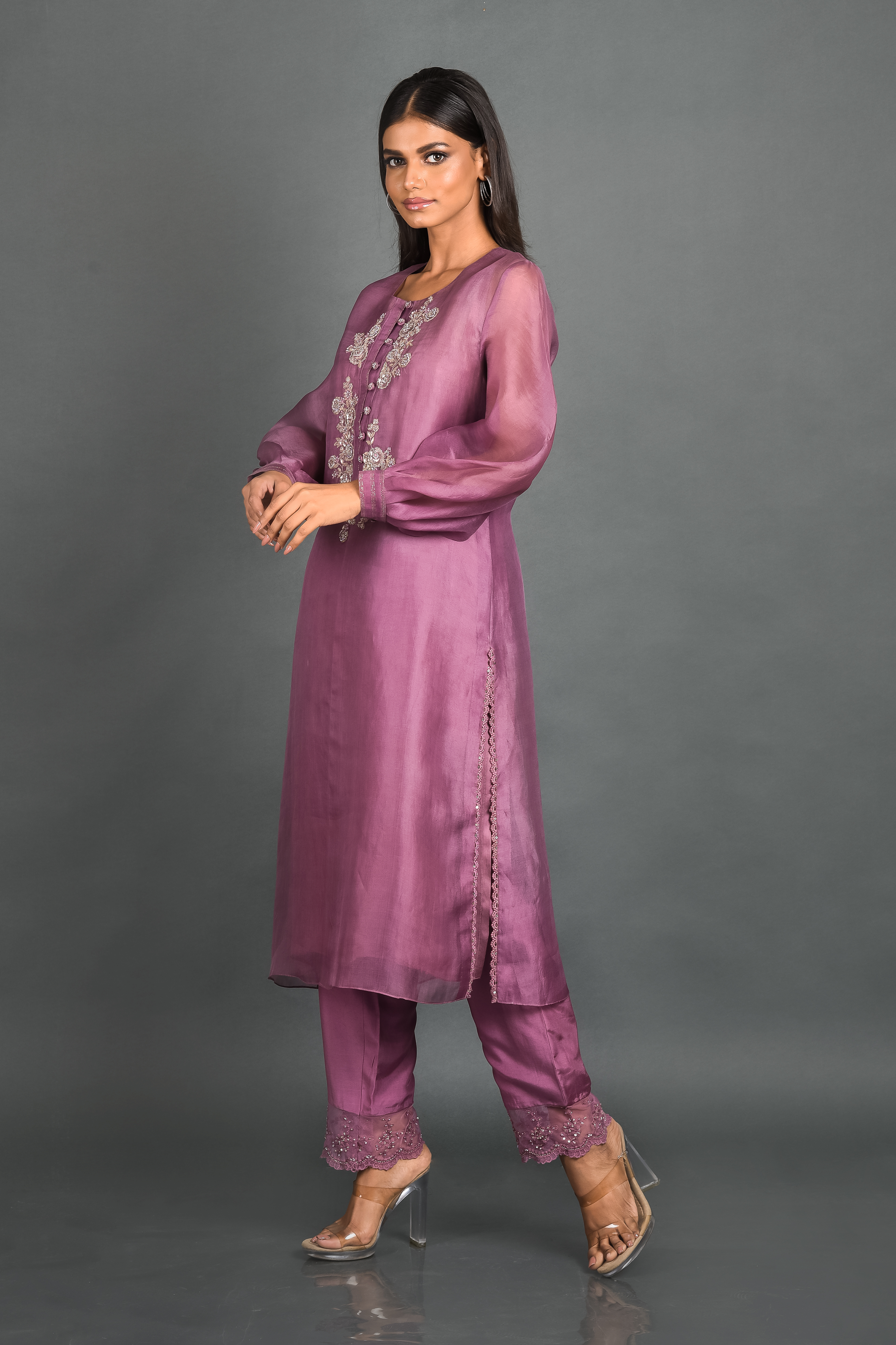 Purple Organza Kurta With Pant and Dupatta