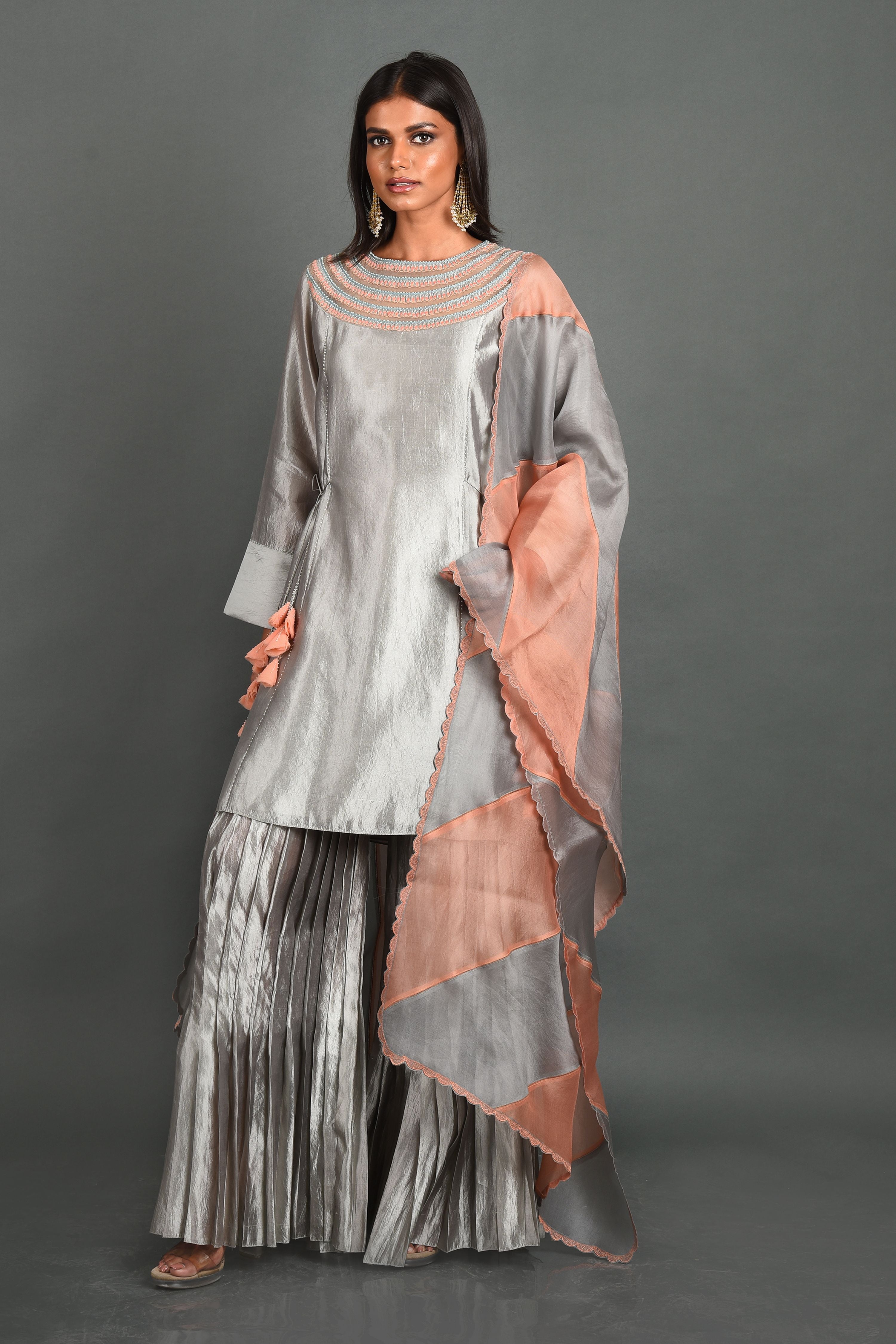 Grey Silk Kurta With Pant and Dupatta