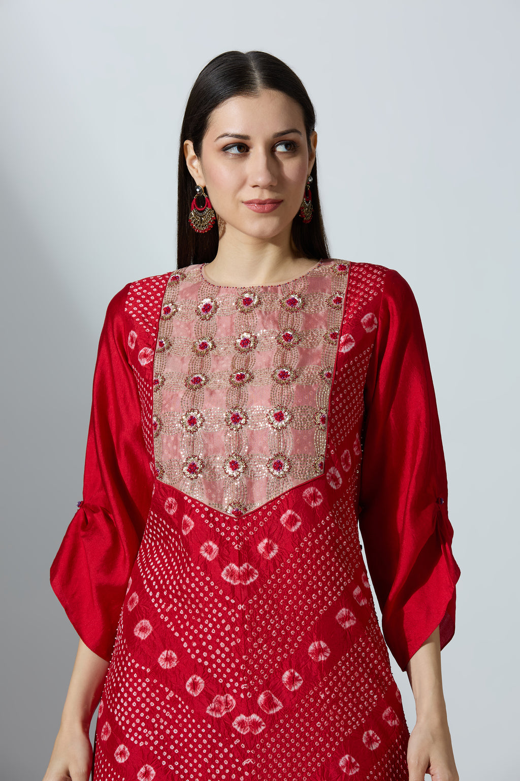 Red Bandhej Yoke Kurta Set With Pant