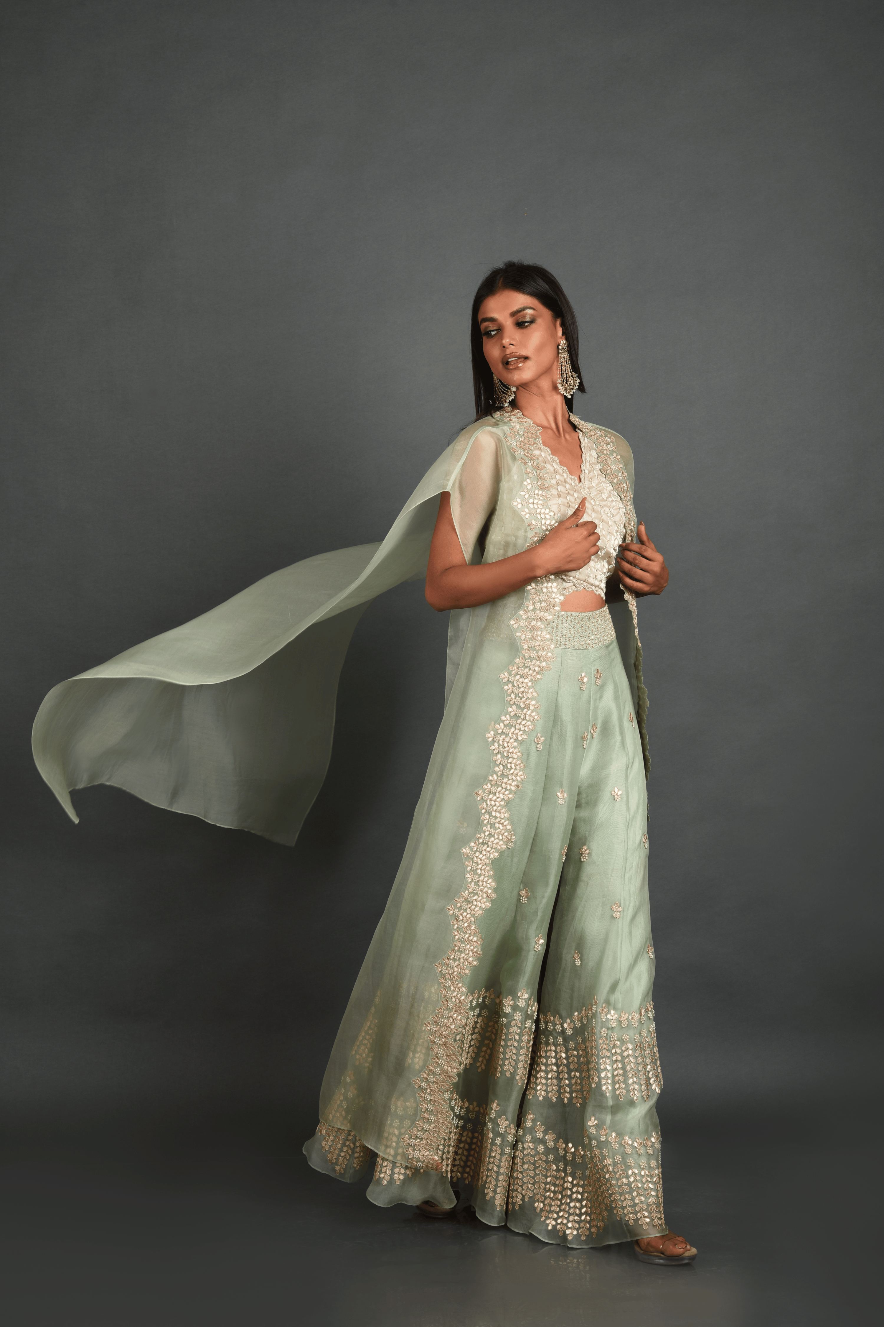 Green Organza Top with Sharara and Cape