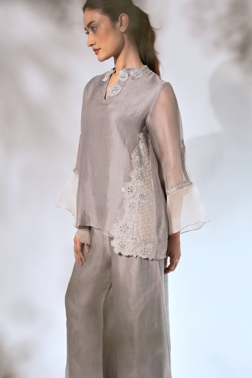 Grey Front Overlap Organza Top With Pant and Slip