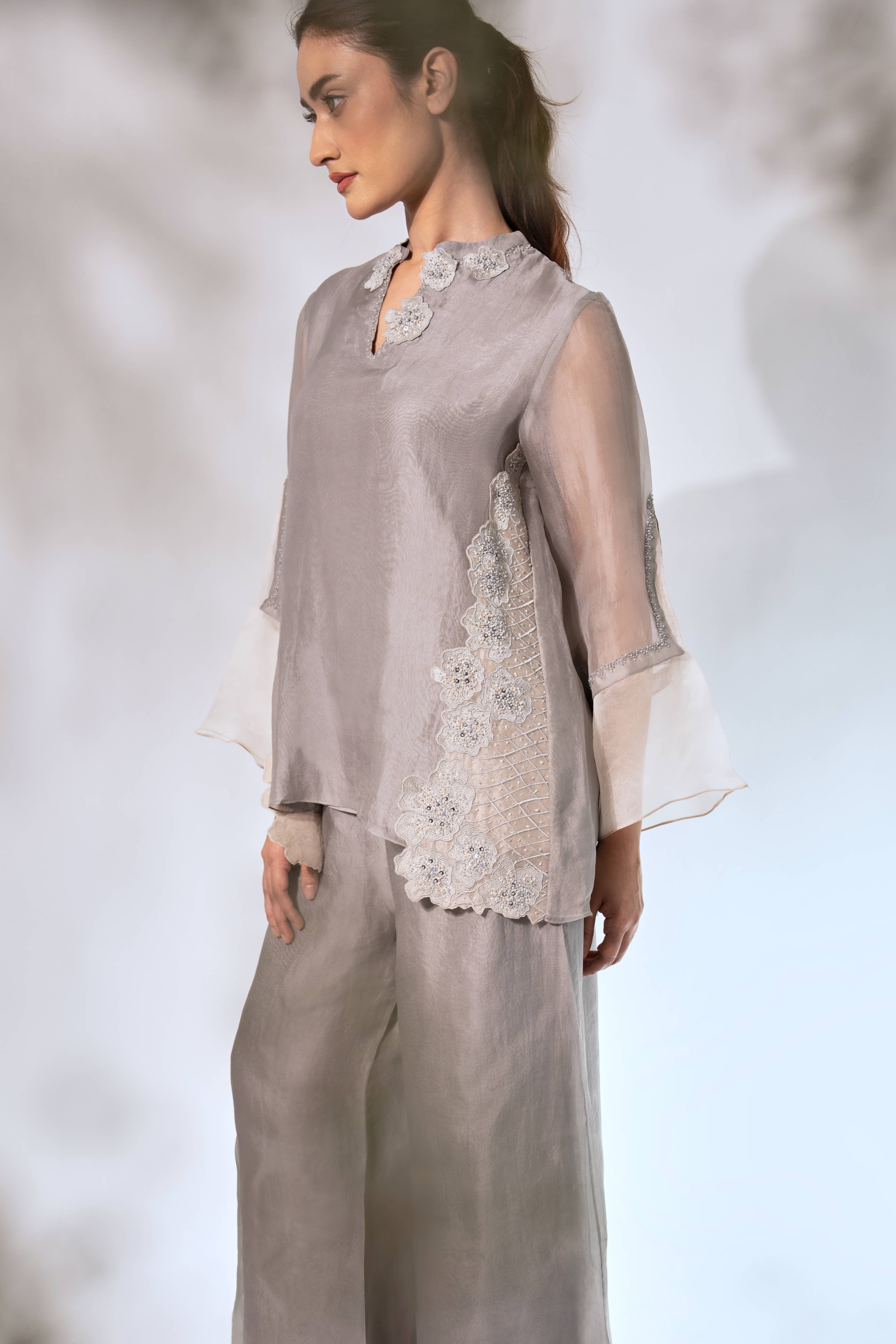Grey Front Overlap Organza Top With Pant and Slip